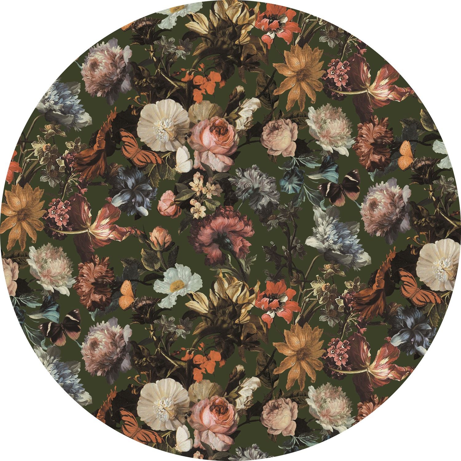 Mural redondo autoadhesivo flores verde oliva agrisado - ø 140 cm - estahome