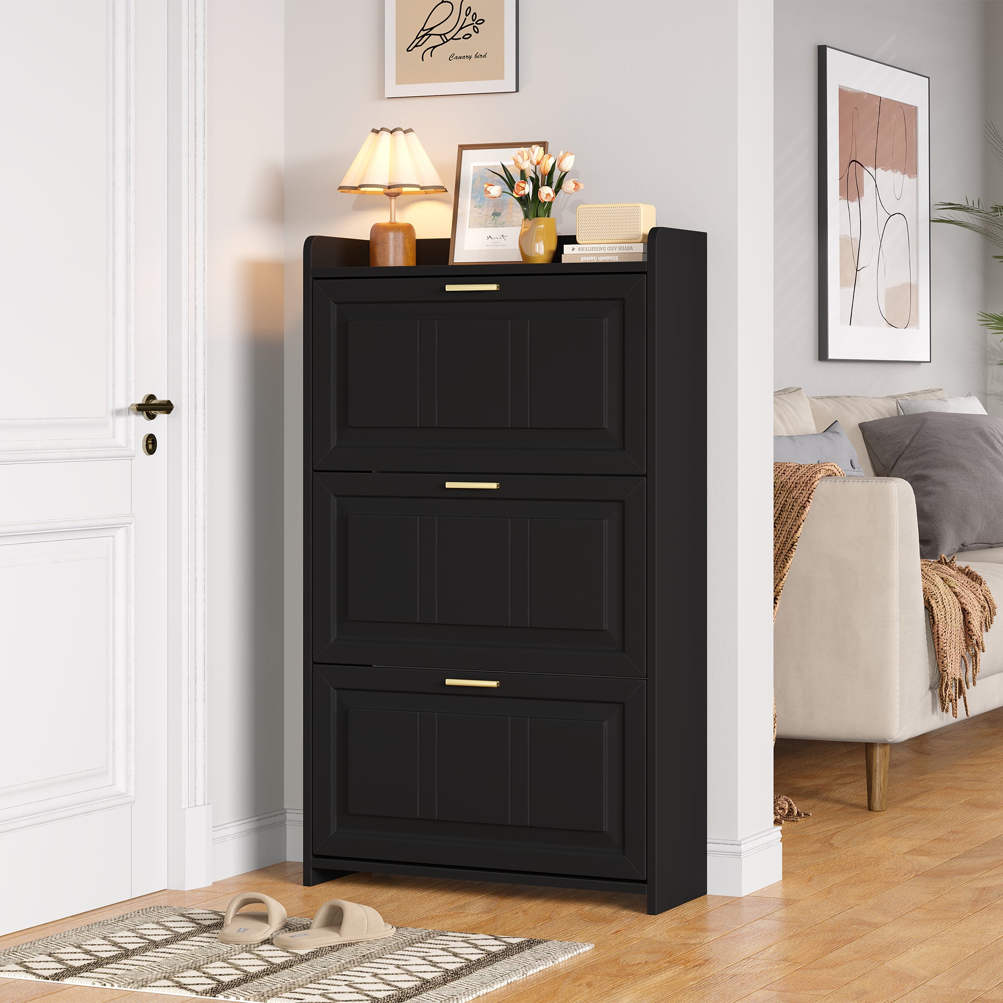 Meuble à chaussures avec 3 portes rabattables - 70 x 24 x 120 cm - MDF et panneaux de particules - Noir - 5