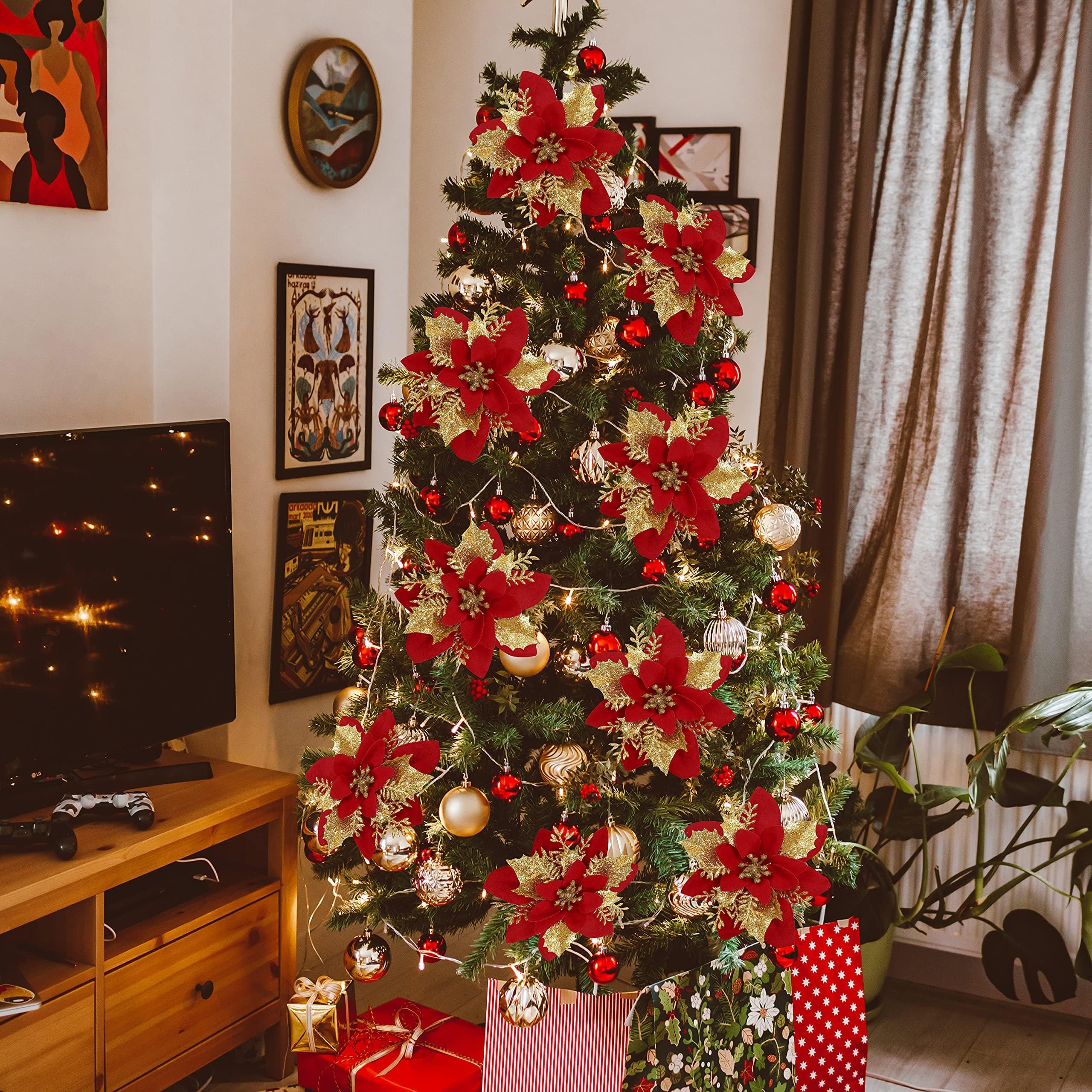 20 pièces décorations de noël, fleurs de noël artificielles avec clips, guirlande d'arbre de noël scintillante pendentifs de fleurs artificielles - 7