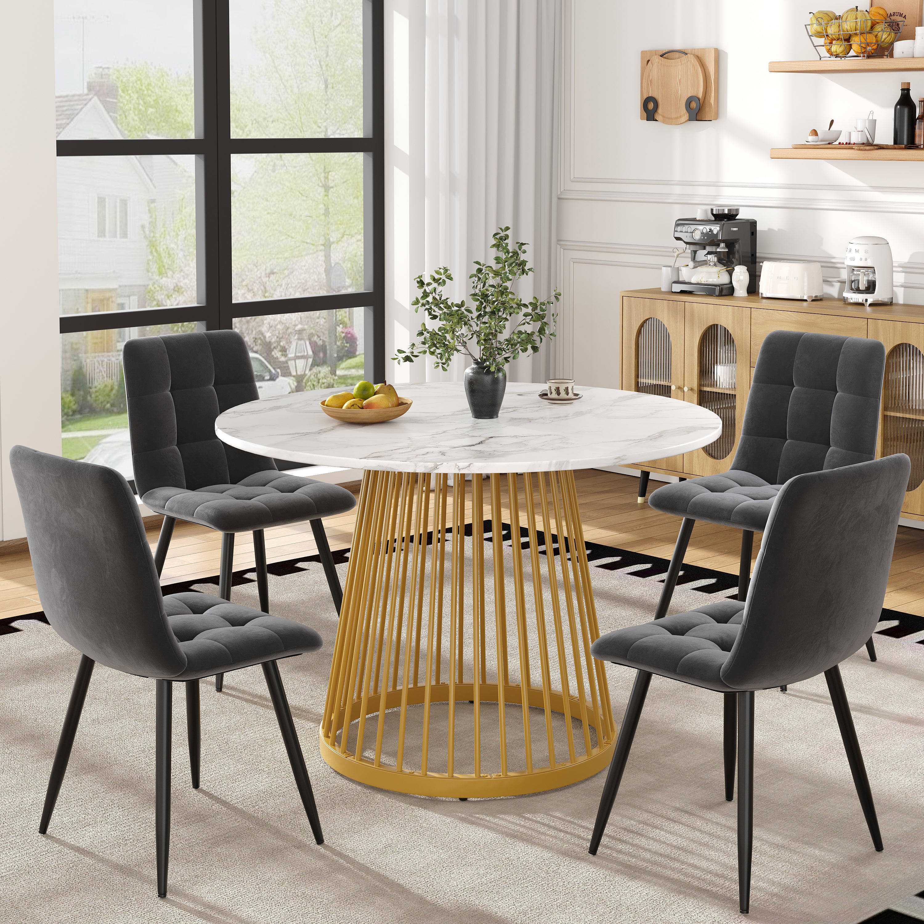 Zestaw okrągły stół jadalny + 4 krzesła welurowe - D 80 x W 76 cm - Blat z płyty MDF marmurowy i nogi metalowe w kolorze złotym - Szary + biały