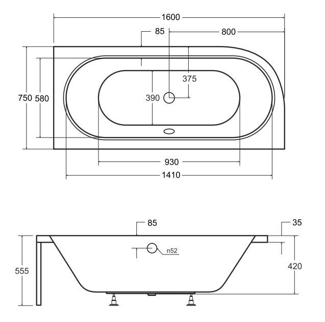 Baignoire asymétrique 160x75 Droite AVITA acrylique blanc + avec Tablier + Pieds + Vidage à chromé - 7