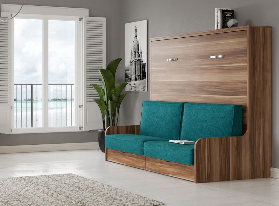Lit escamotable horizontal 140x200 avec canapé tissu Kalian-Avec ...