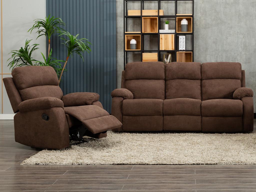 Kanapy 3+1-osobowa TOLZANO z tkaniny, z manualną funkcją relax – kolor brązowy