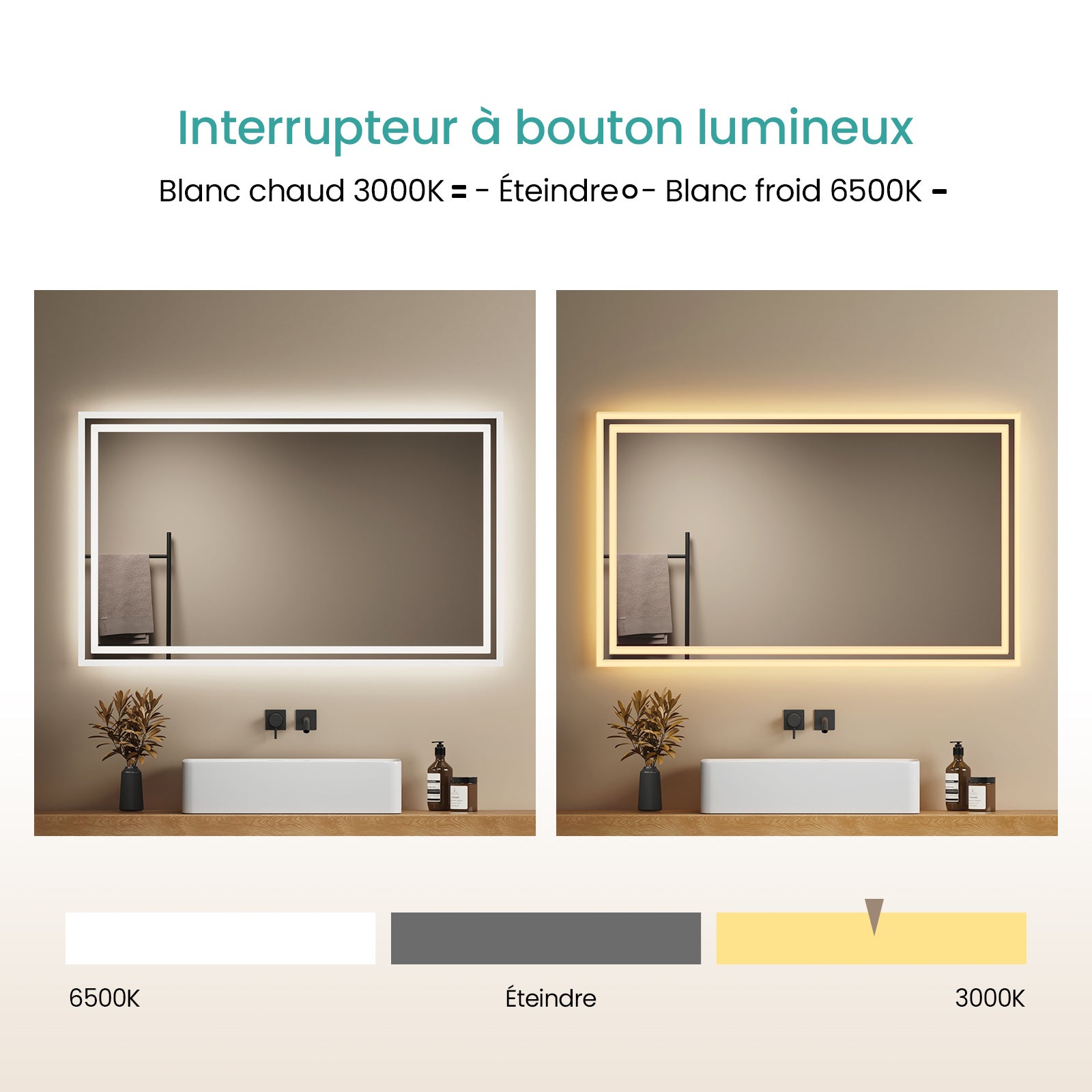 EMKE Miroir lumineux salle de bain 100x60cm, Miroir LED avec Interrupteur à bouton, Anti-buée, Miroir avec éclairage lumière Blanche Froide/Chaude - 4