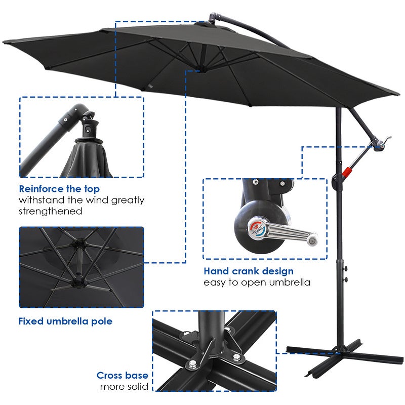 Parasol 300 cm Parasol de jardin Parasol de balcon rond Fonction d'inclinaison Hydrofuge pivotant à 360° Gris - 3