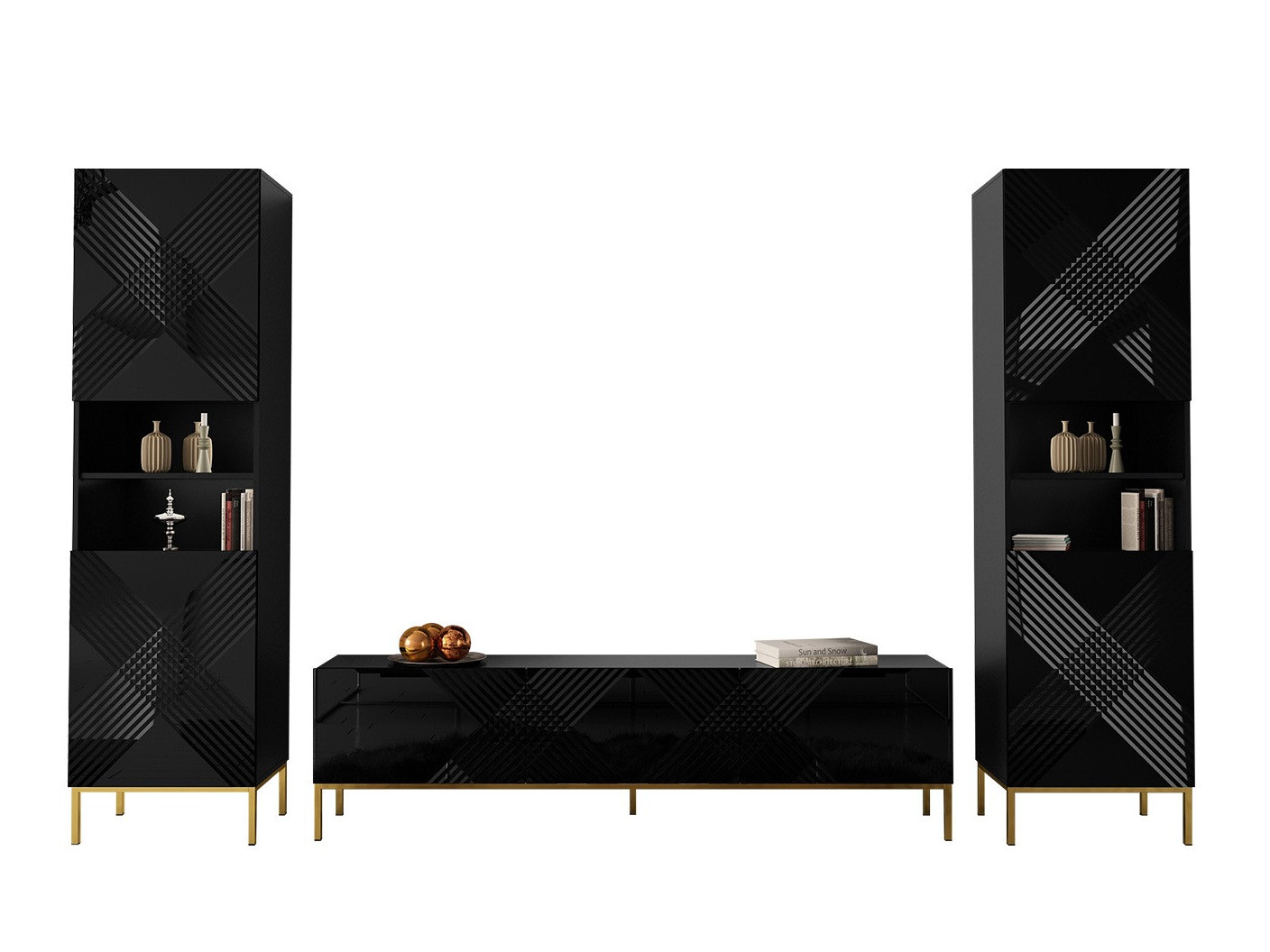 Conjunto de salón Merced A106, Negro, Negro brillante, Con mesa de TV