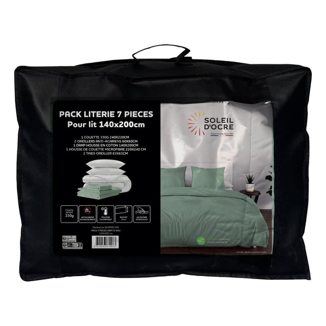 Ensemble couette et parure 7 Pièces BOHEME vert eau pour lit en 140x200 cm, par Soleil d'ocre