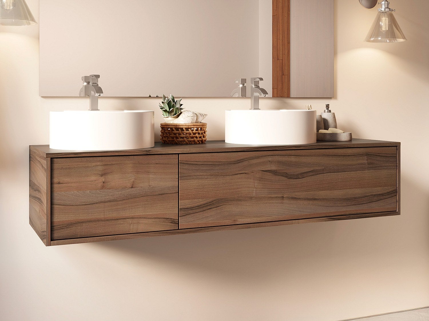 Wisząca szafka z podwójną umywalką do łazienki, w kolorze ciemny naturalny - L150 cm - ISAURE II
