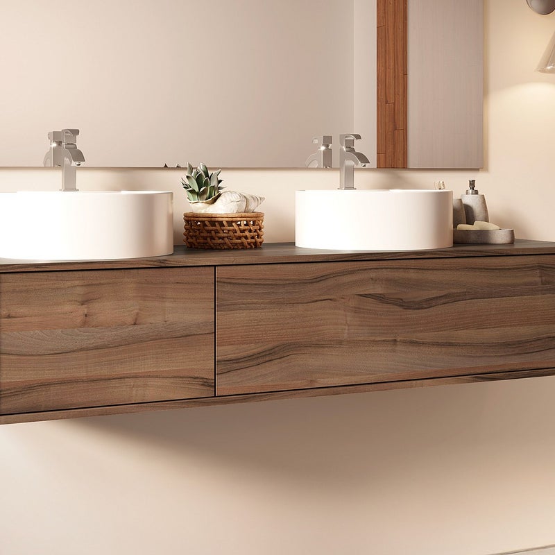 Wisząca szafka z podwójną umywalką do łazienki, w kolorze ciemny naturalny - L150 cm - ISAURE II