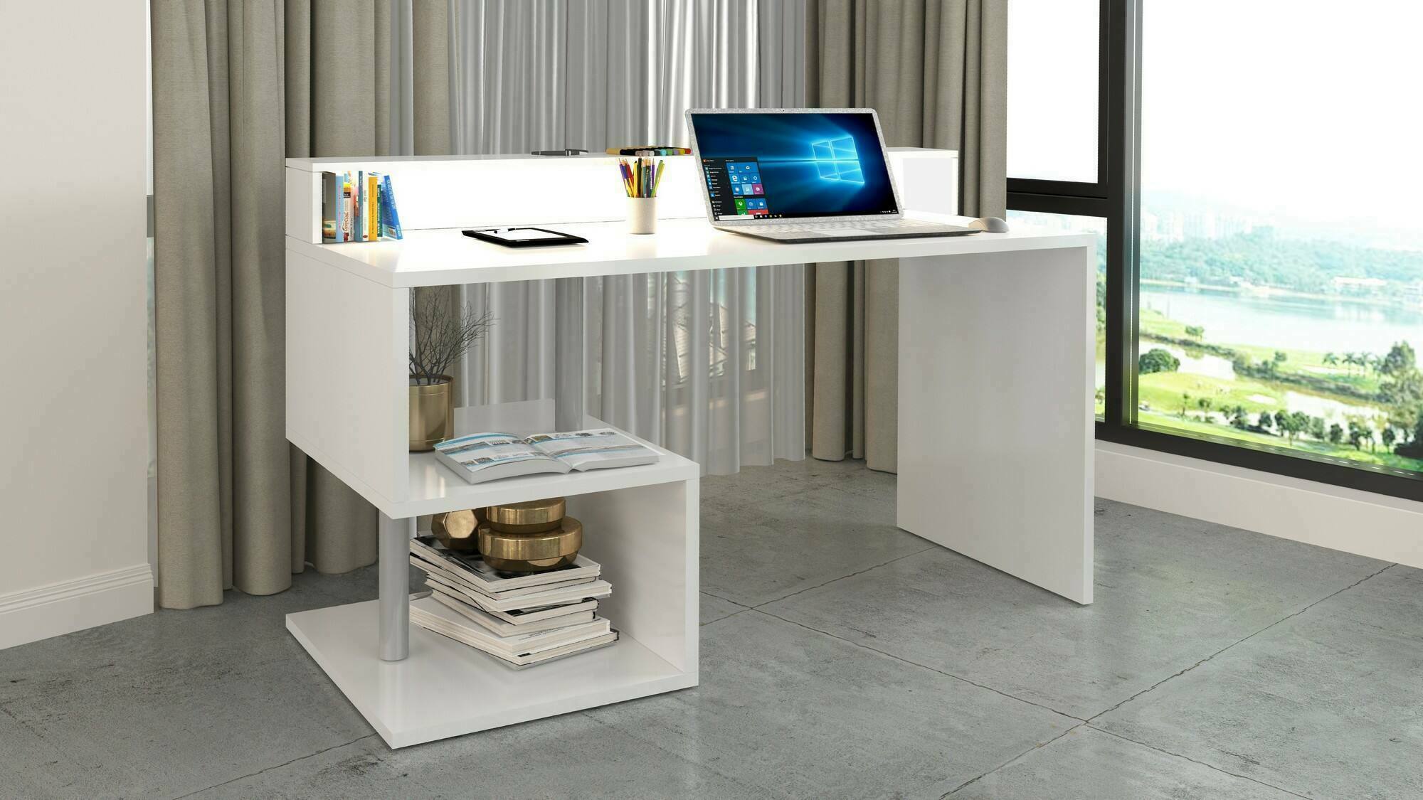 Bureau D'angle Réversible Avec Rangement - Décor Chêne Et Blanc - Essentiel - L