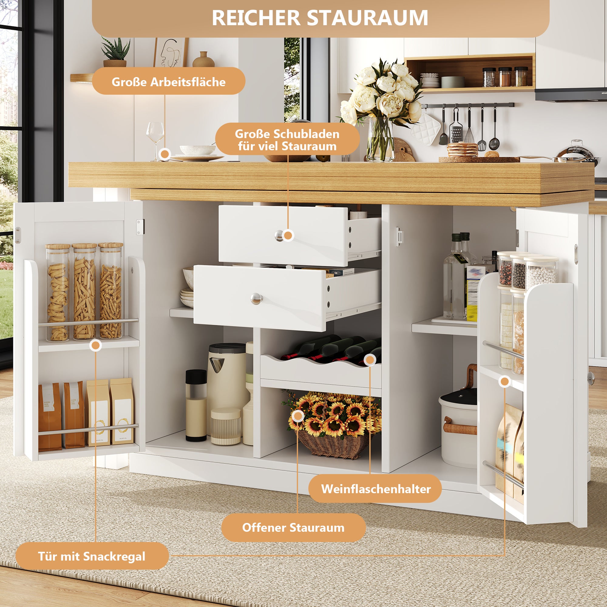 Îlot de cuisine extensible120-197*40*74 cm avec table pivotante 360°, casier à vin et étagères de rangement, portes magnétiques, blanc - 6