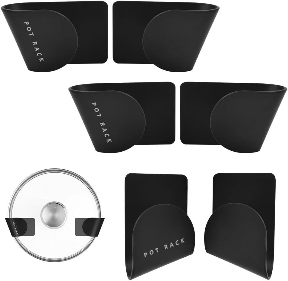 Zestaw 6 czarnych, samoprzylepnych uchwytów do pokrywek do garnków i talerzy, do przymocowania do ściany.