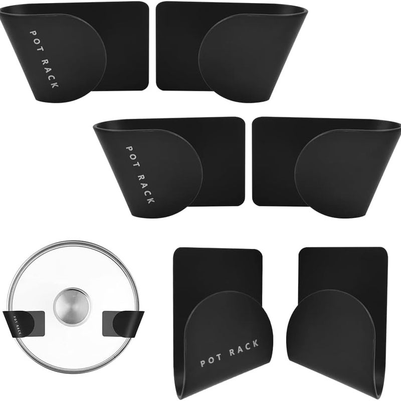 Zestaw 6 czarnych, samoprzylepnych uchwytów do pokrywek do garnków i talerzy, do przymocowania do ściany.