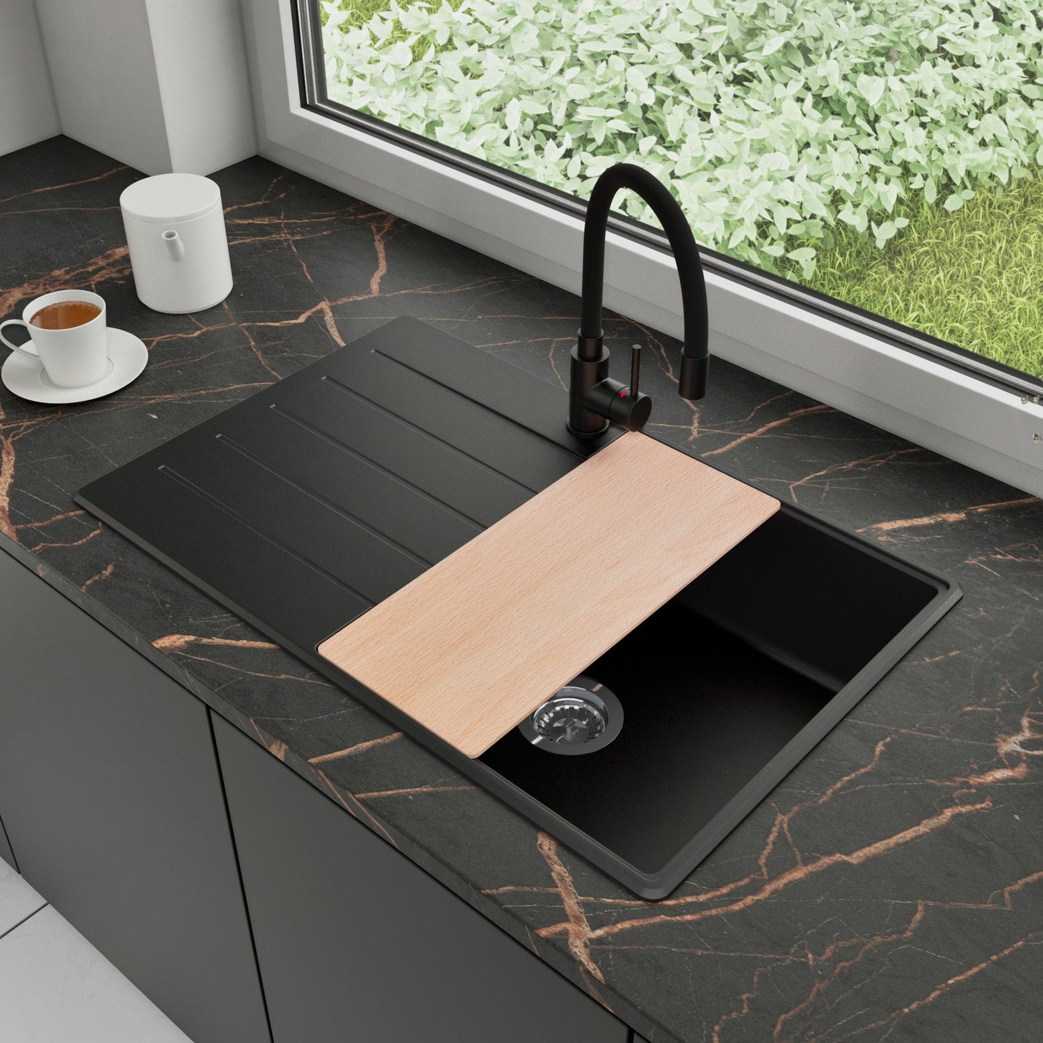 Zlewozmywak Granitowy 78x50cm, do szafki od 50cm + Bateria + Syfon + Deska - Ametyst Czarny STONESTYLE