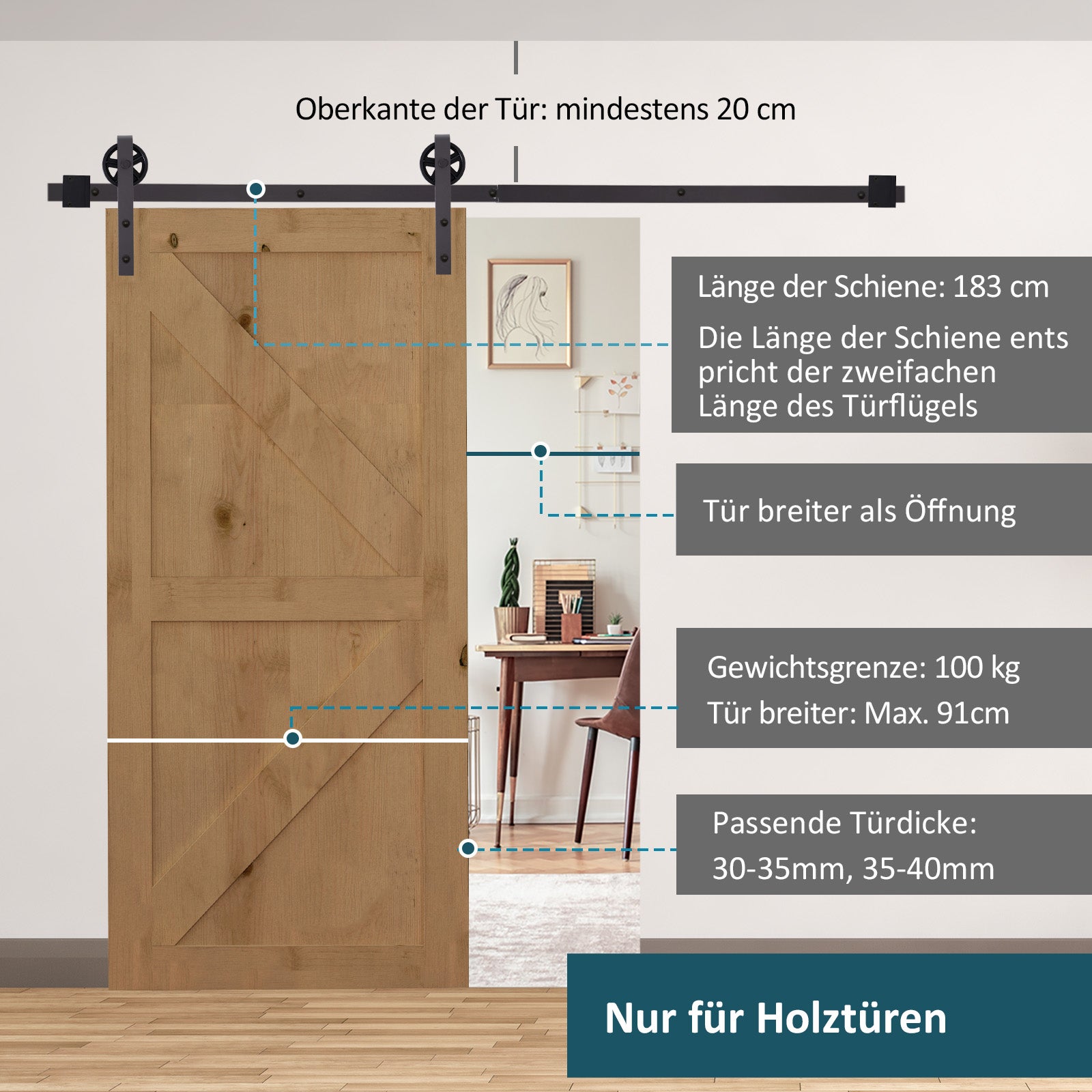 Kit rail porte coulissante 183 cm en acier carbone – Système complet avec roulettes, butées et vis, style rustique - 6