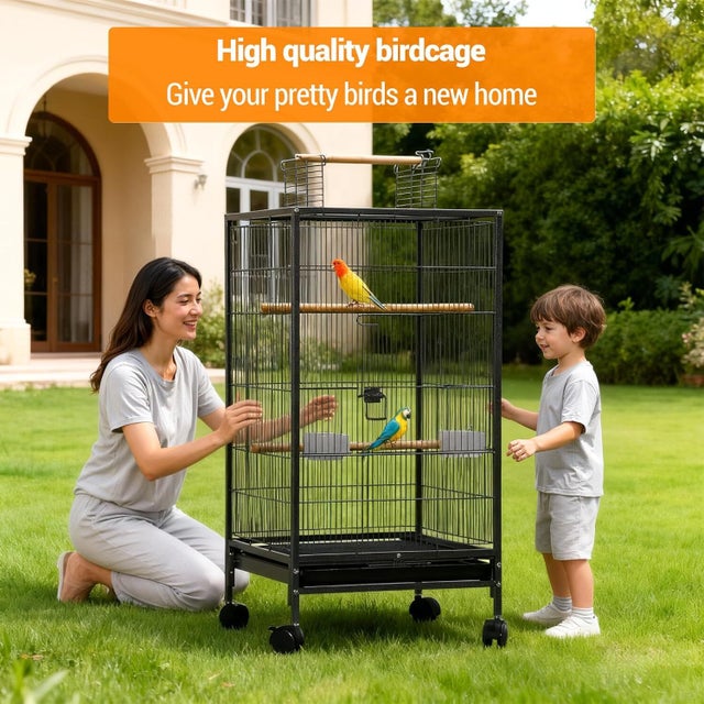 Grande gaiola para pássaros com suporte de rodízios, aviário para papagaios - 45,5 X 45,5 X 100,5cm