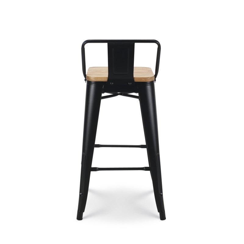 Tabouret de bar en métal noir mat style industriel avec dossier et assise en bois clair - Hauteur 66cm - 5