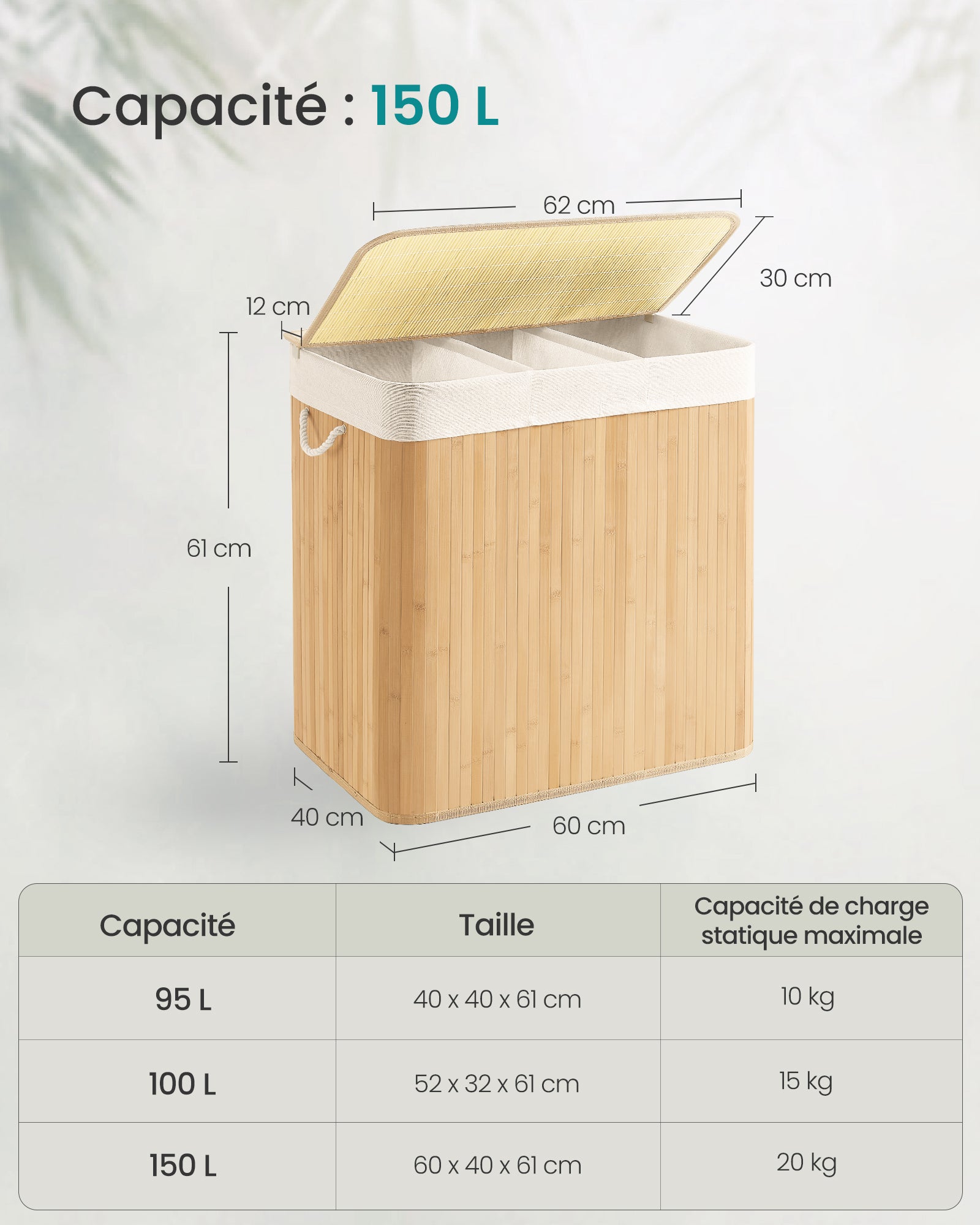 Songmics Panier À Linge À 3 Compartiments, Avec Couvercle Et Poignées, Corbeille À Linge 150l - 5