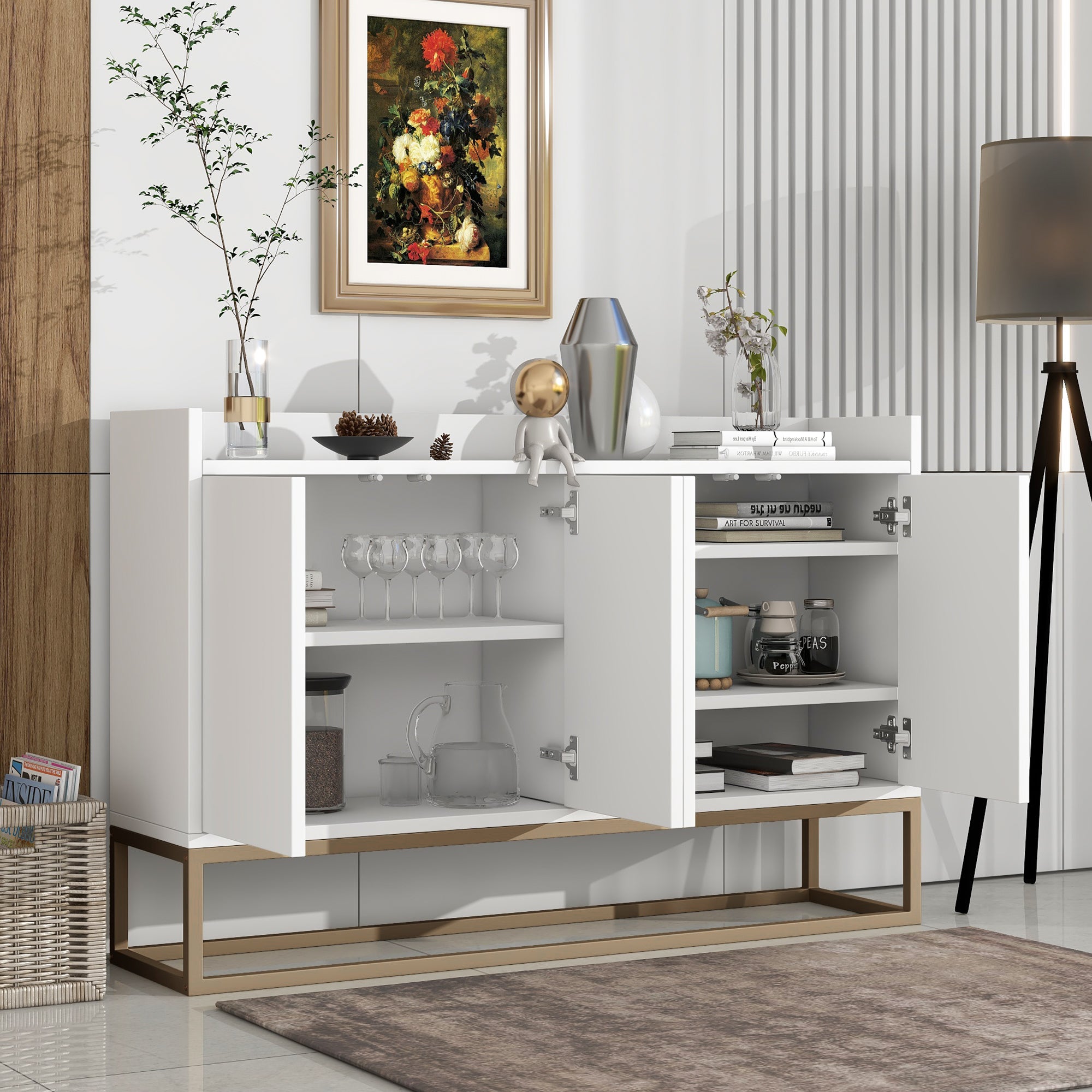 Credenza bassa 4 ante - Legno MDF e gambe in metallo - Stile moderno - Colore bianco - 120 x 30 x 80 cm - 3