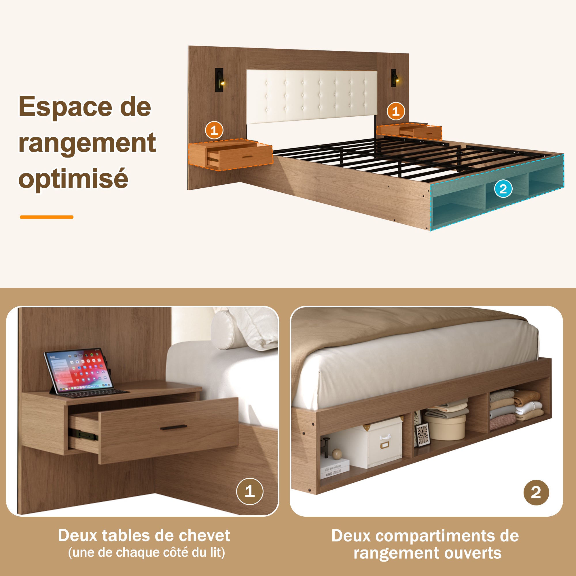 Lit double 180x200 cm avec 2 tables de nuit et tête de lit rembourrée, Lit adulte en bois avec Port USB et USB-C, lampe lecture et 3 étagère, Noyer - 6