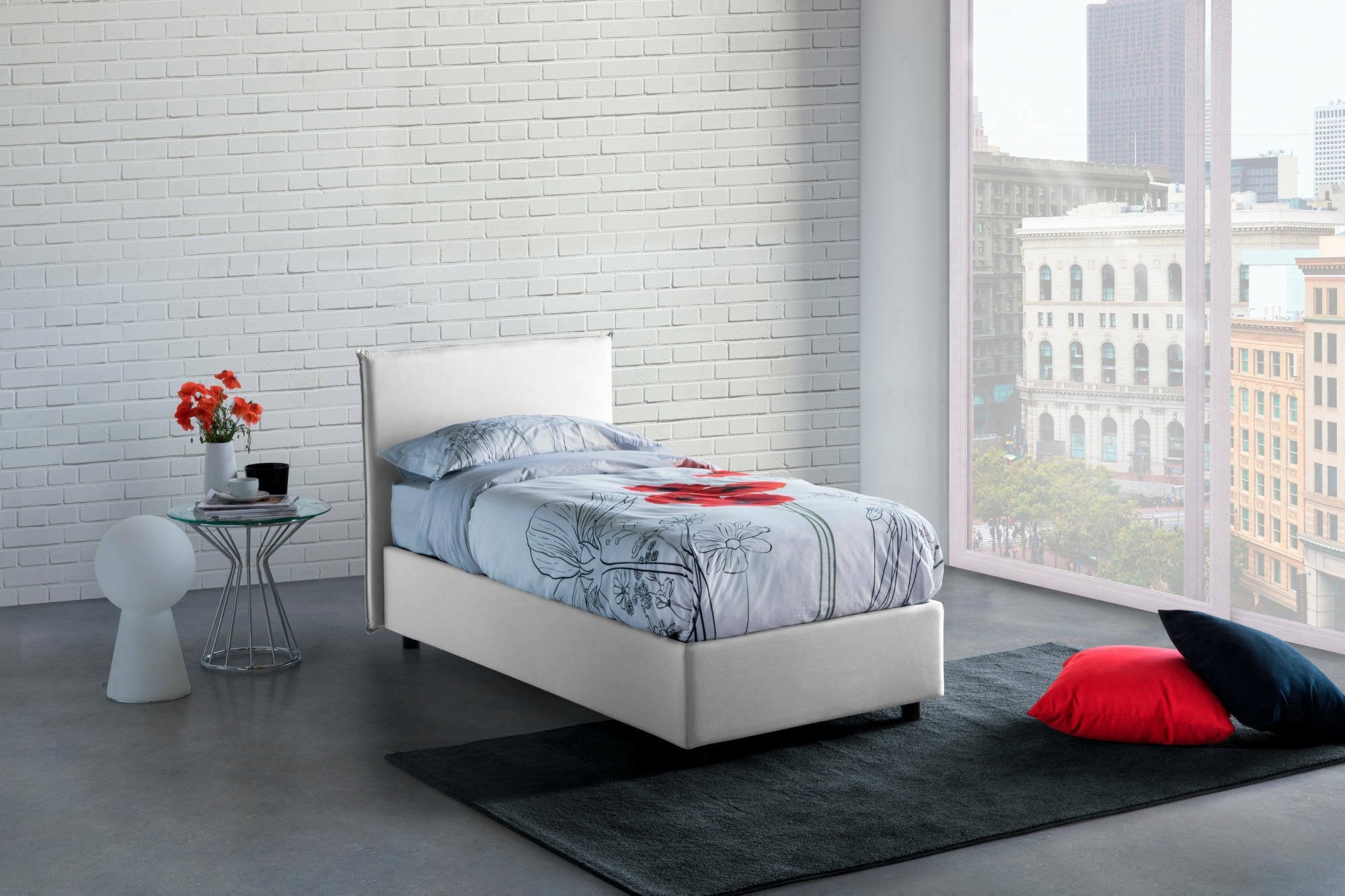 Lit simple Catia, Lit coffre avec revêtement en tissu, 100% Made in Italy, Ouverture frontale, avec matelas 80x200 cm inclus, Blanc - 2