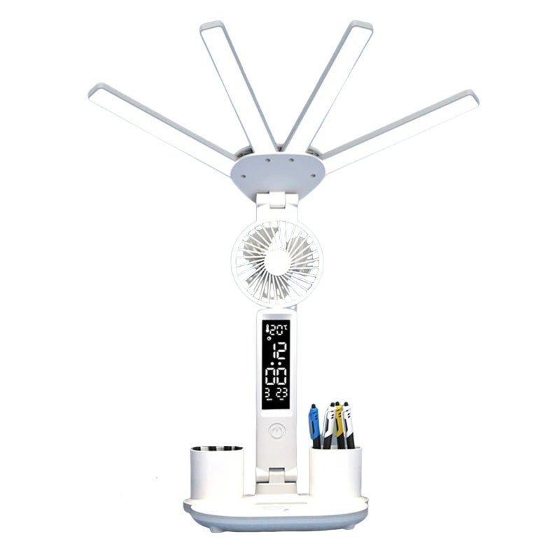 LED Desk Lamp avec Fan, Bright Four-Headed Table lamp Réglable Foldable ...