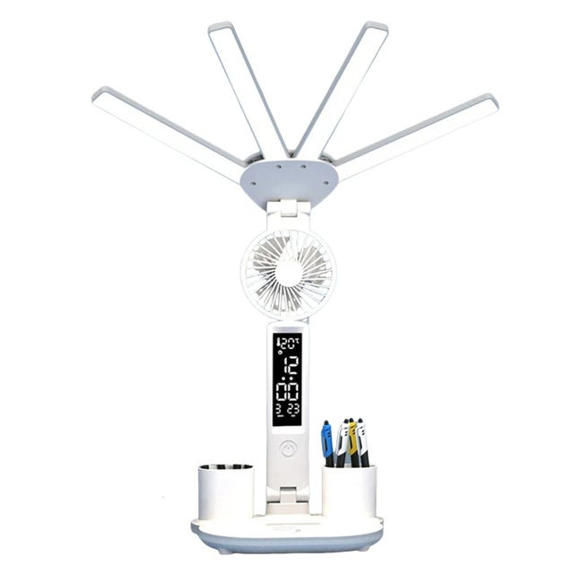 LED Desk Lamp avec Fan, Bright Four-Headed Table lamp Réglable Foldable ...