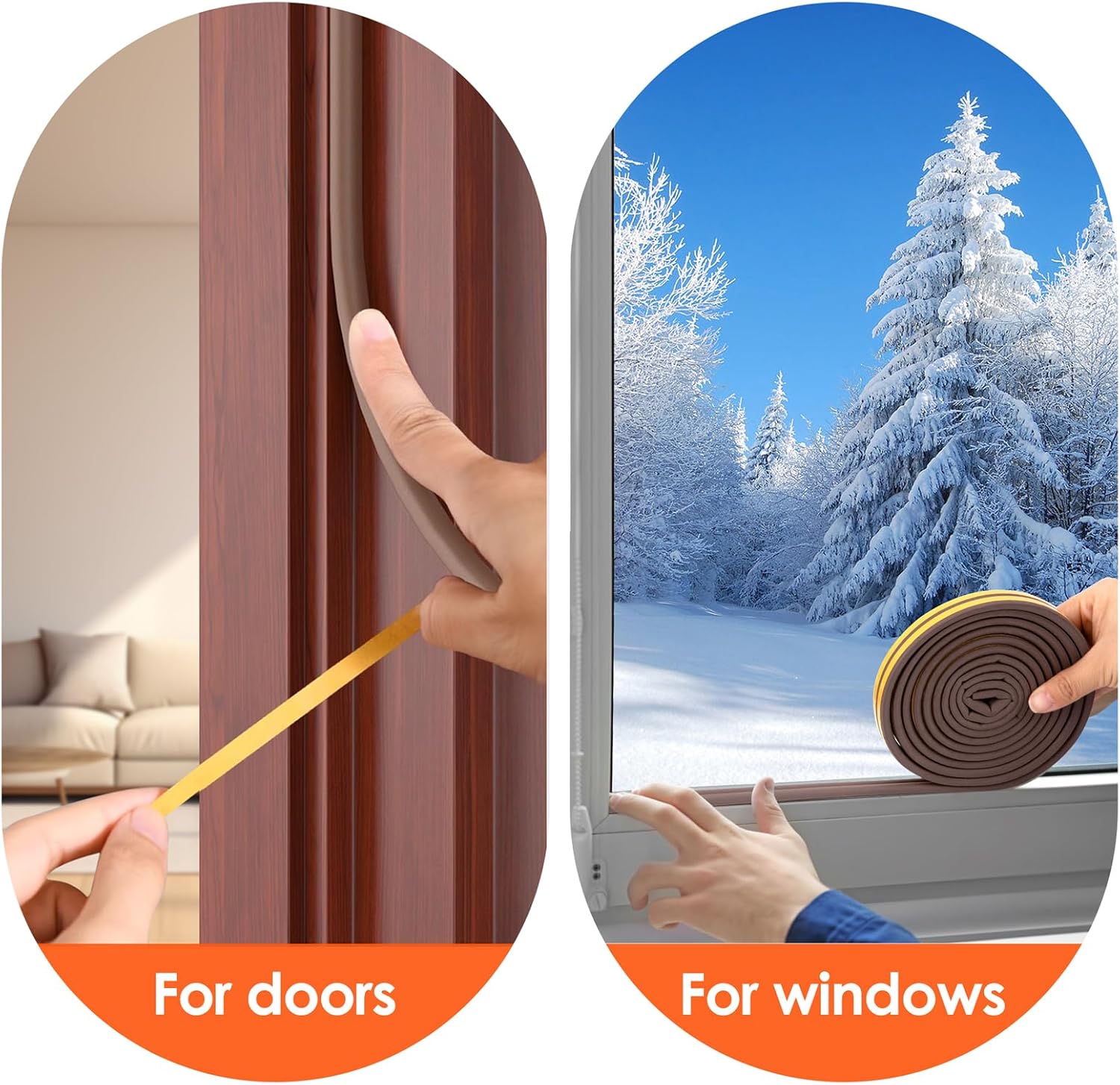 Tira de sellado tipo D para puertas y ventanas, fuerte adhesivo, insonorizante y resistente al viento, 6 metros (marrón) - 4