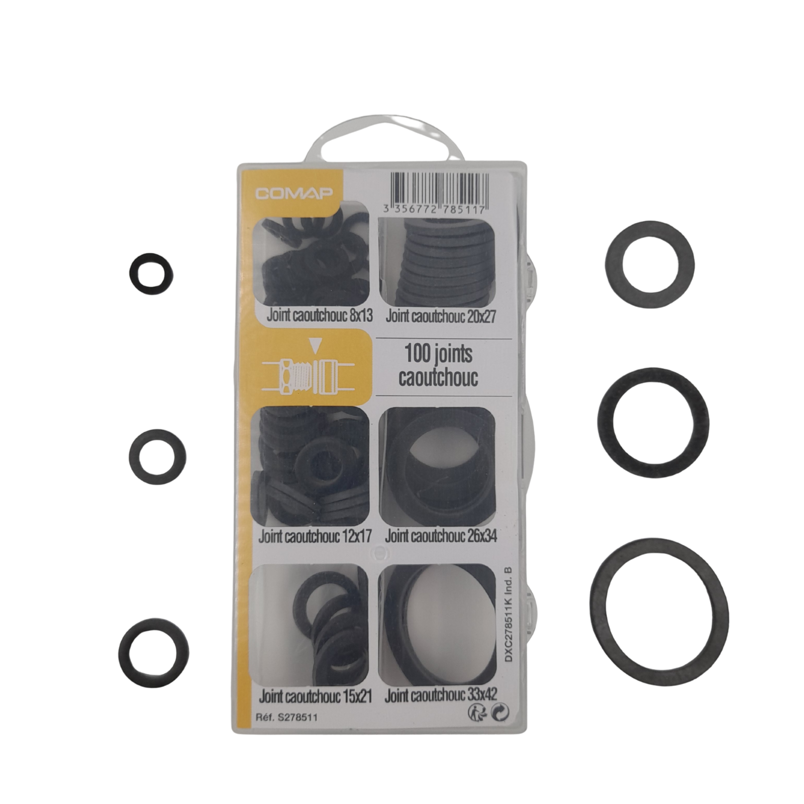 COMAP Coffret de 100 joints d'étanchéité caoutchouc pour raccord - Dimensions 8x13, 20x27, 12x17, 33x42, 15x21, 26x34 - Noir - S278511 - 3