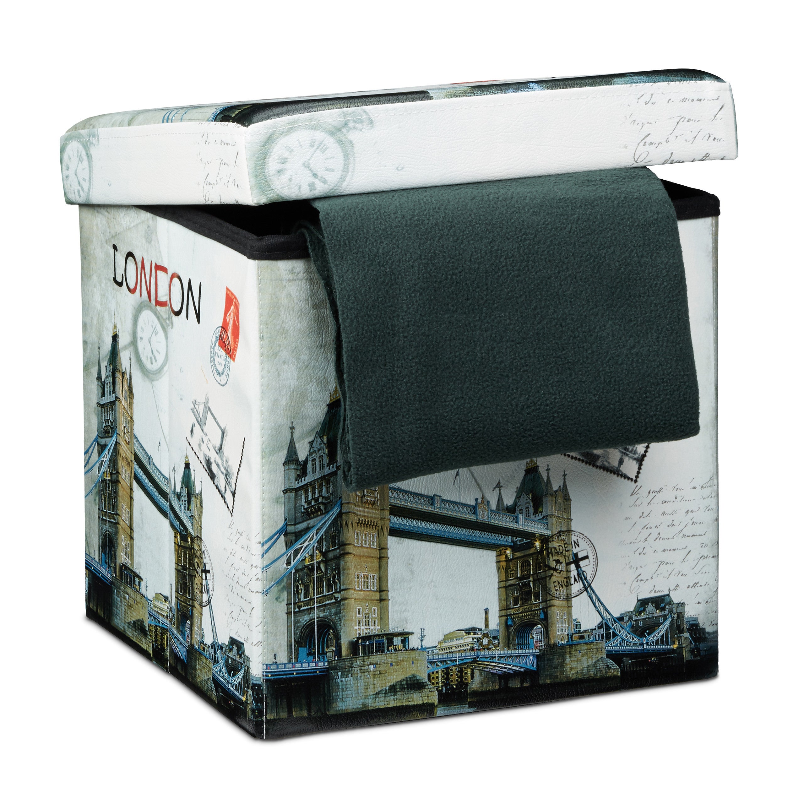 Relaxdays banco taburete con baúl, cuero sintético, 38 x 38 x 38 cm, carga 300kg, almacenamiento, diseño londres