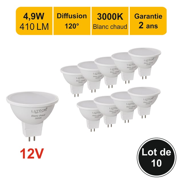 Lot de 10 ampoules LED GU5.3 (MR16) 12V 4,9W - 120° - 410Lm 3000K - garantie 5 ans
