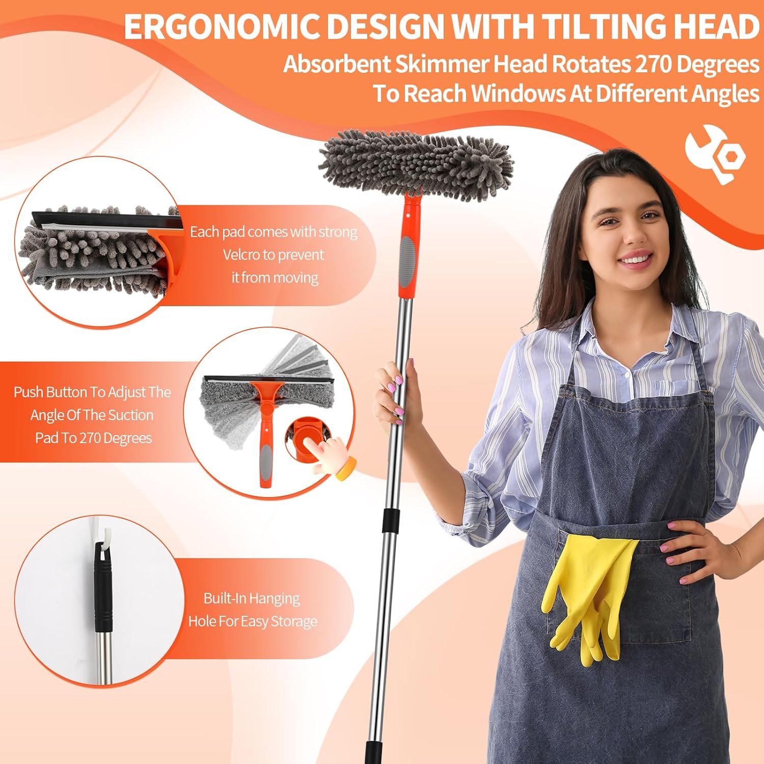 Kit de nettoyage de vitres professionnel 2 en 1 avec raclette à vitres télescopique 240 cm, tête flexible, pour vitres hautes intérieures, gris - 5