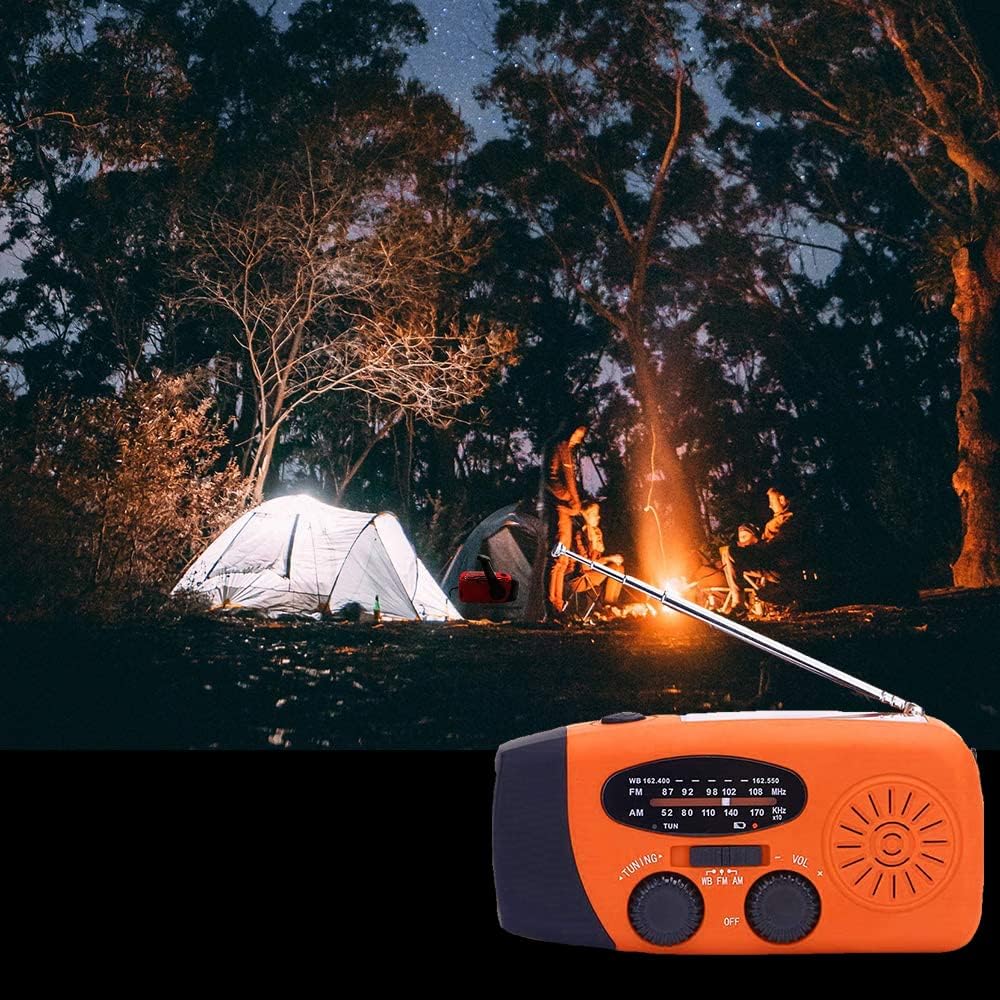 Radio à manivelle d'urgence avec lampe de poche LED, radio portable AM/FM NOAA avec batterie externe 2000 mAh, orange - 5