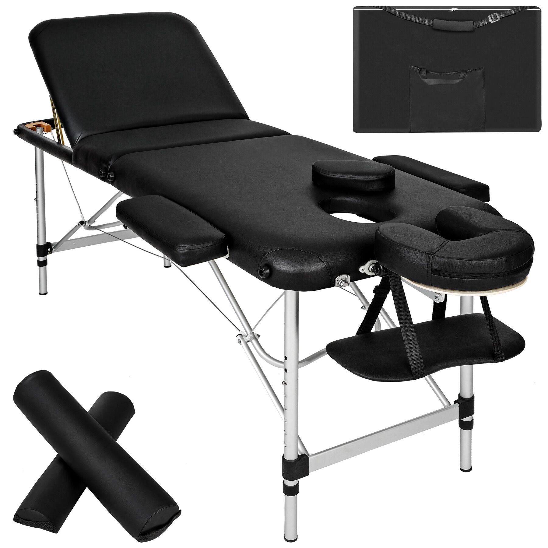 Table De Massage Pliante Noire 3 Zones - Avec Porte Rouleau, Pour Esthétique