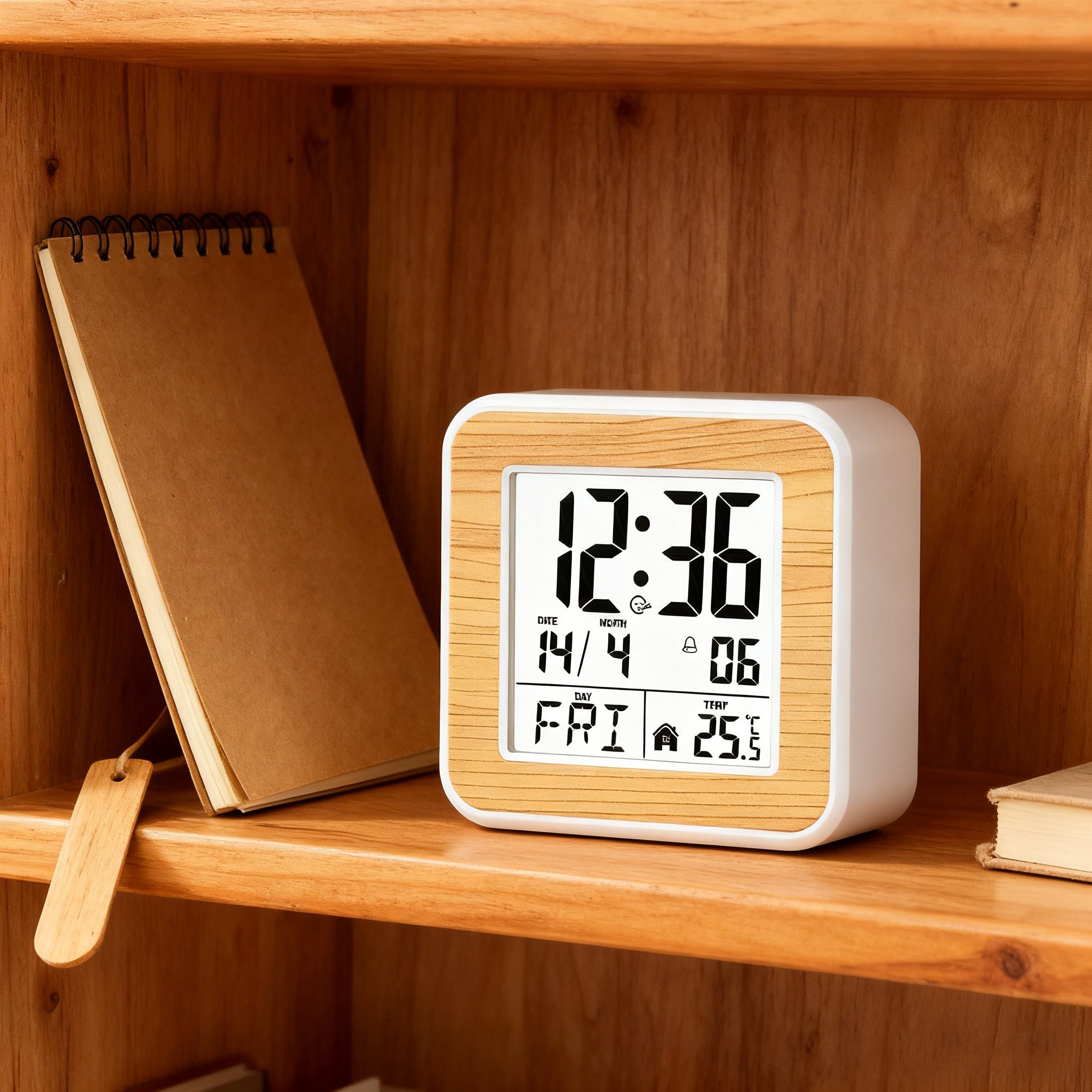 Sveglia da comodino luminosa bianco marrone per bambini e studenti, display temperatura, calendario perpetuo e schermo facile da leggere - 7