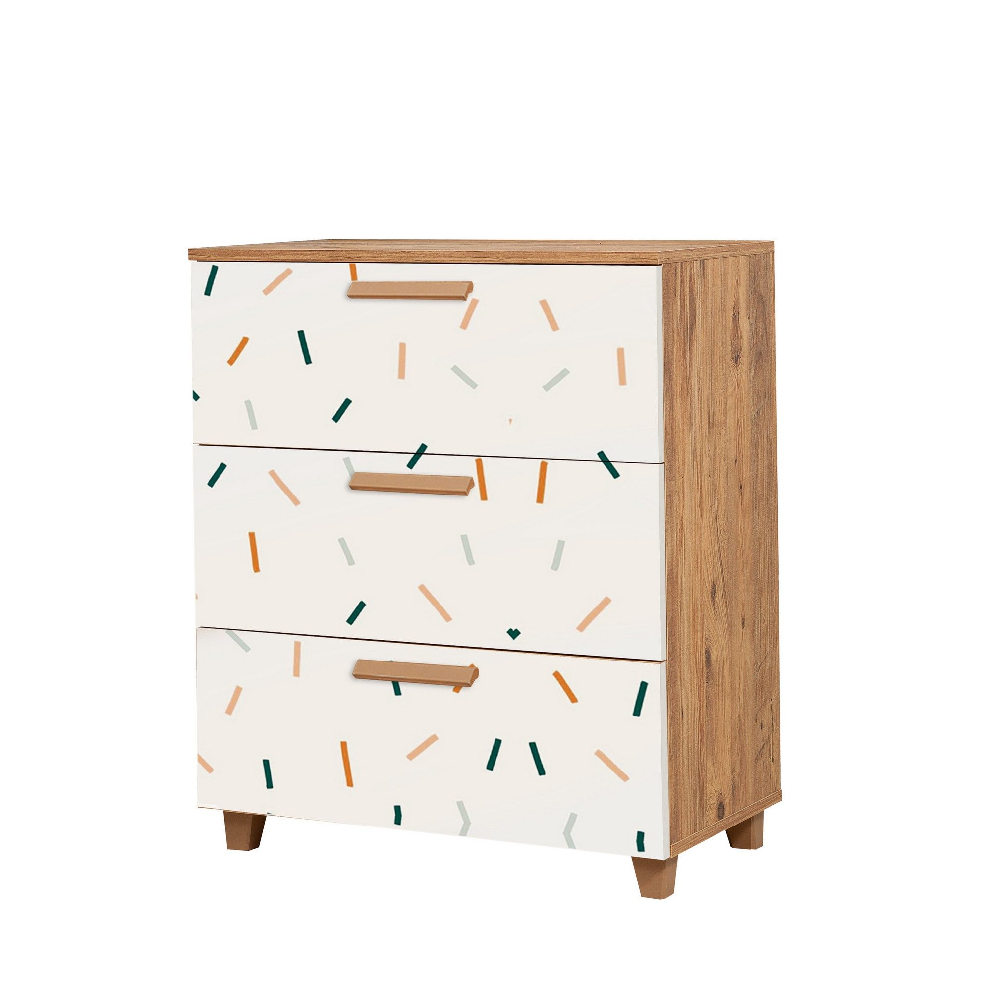Commode 3 tiroirs Skeet Bois Blanc Motif ligne Orange, Bleu et Gris ...