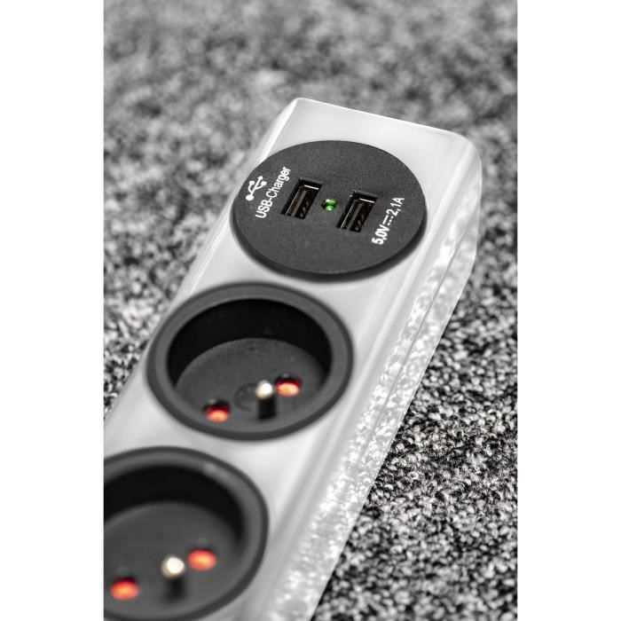 Brennenstuhl Multiprise hugo! Blanche - 3 prises + 2 prises USB - avec parafoudre et 2m de cable 19.500A - 8