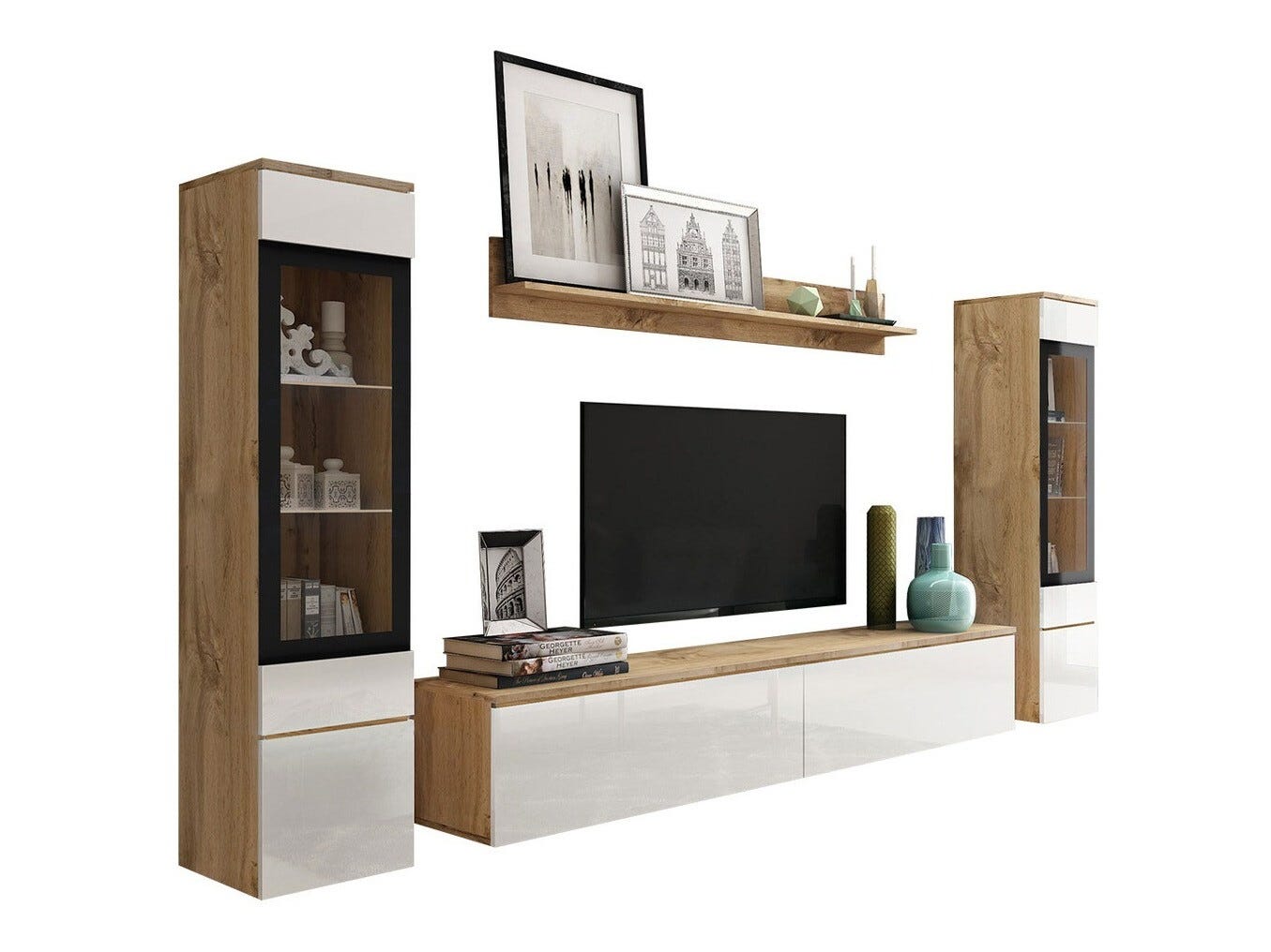Juego De Muebles De Pared Con Luz LED - Armario TV, Vitrina Y Estante Colgante, Color Blanco, Moderno Y Funcional