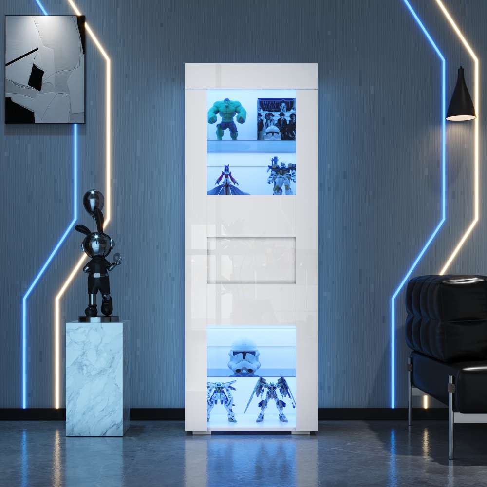 Biała witryna LED 60x40x170 cm z drzwiami akrylowymi, regulowanymi szklanymi półkami, nowoczesna i elegancka przestrzeń do przechowywania