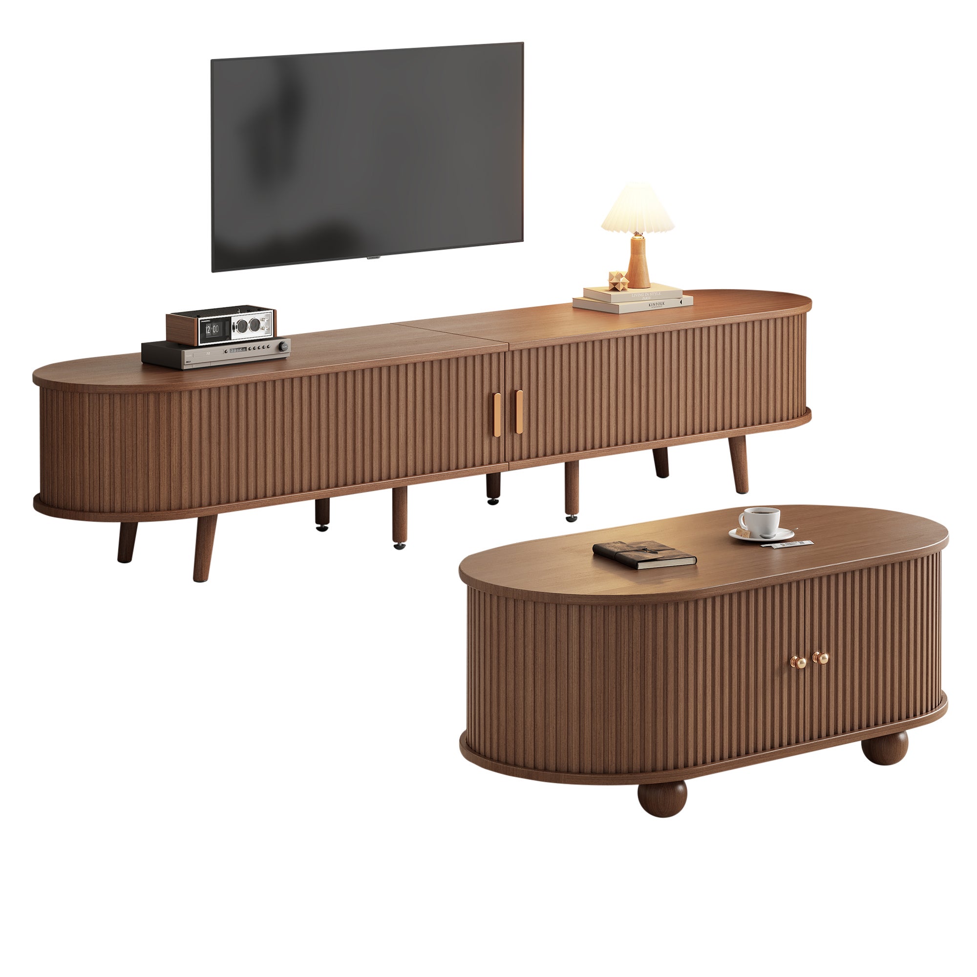 Ensemble Meuble TV + table basse - Portes coulissantes - 175 x 40 x 42 cm - MDF - Noyer - 5