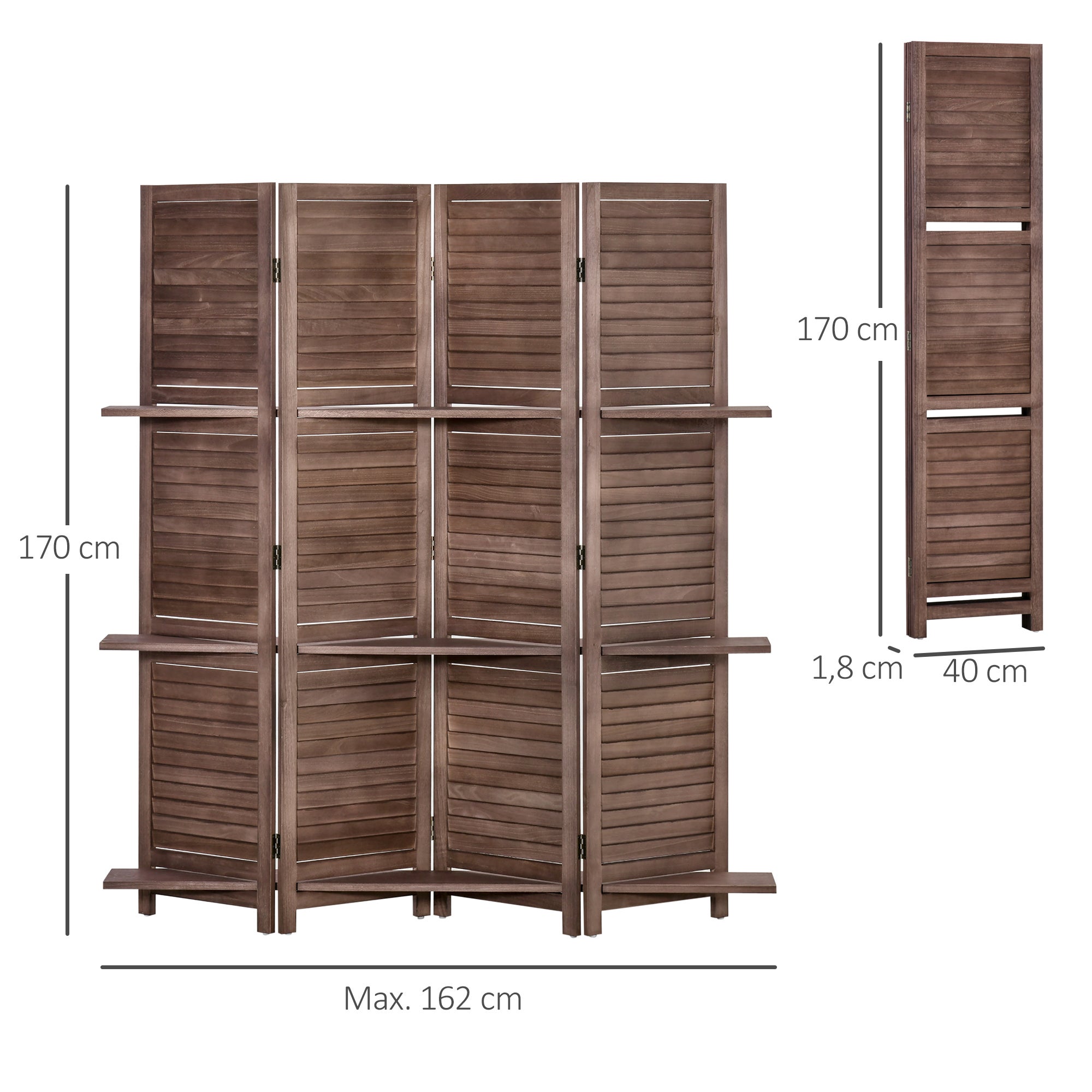 Paravent intérieur 4 Panneaux 162Lx170Hcm 3 étagères Pliables séparateur de pièce Portes persiennes Bois de Paulownia Noyer - 5
