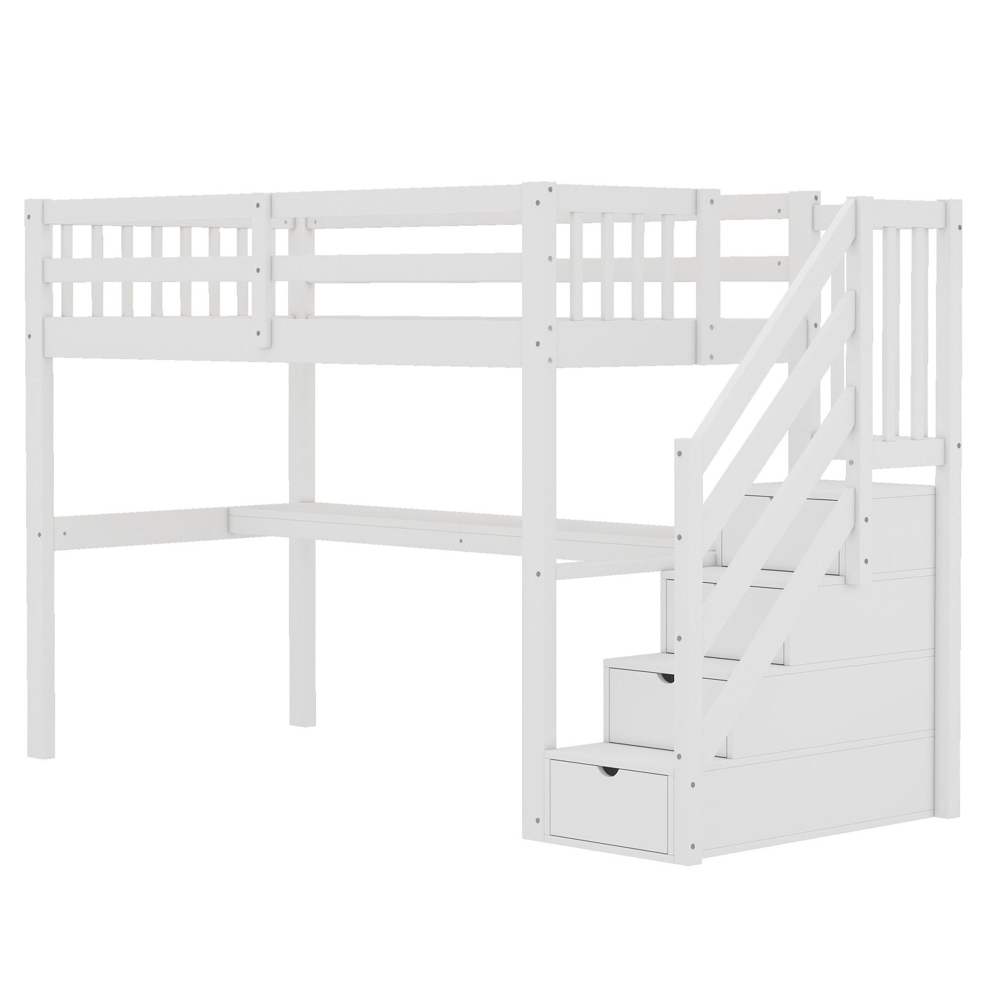 Lit mezzanine en bois de pin - 90x200cm - avec escalier de rangement et bureau - avec sommier à lattes - Blanc - 9