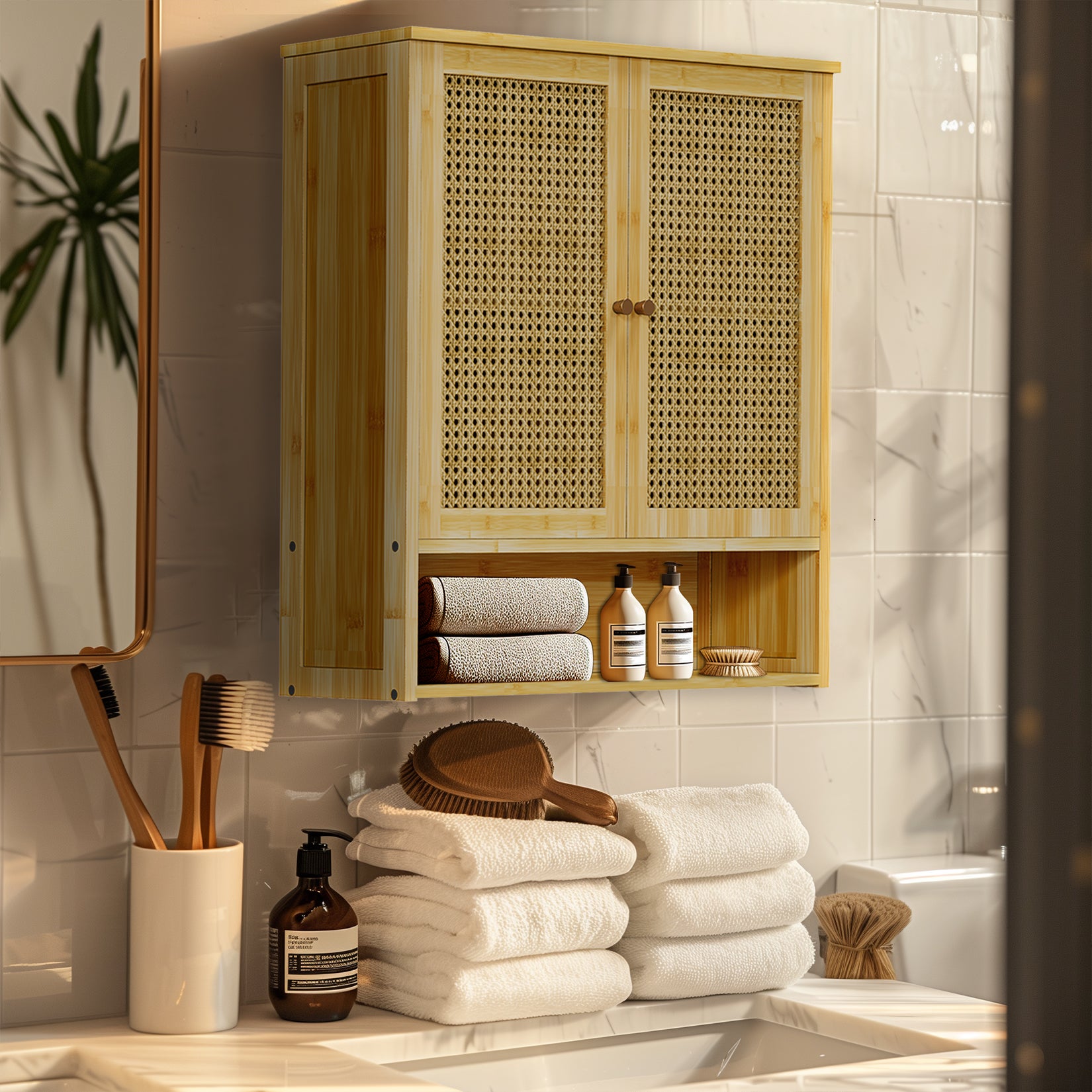 Armoire Salle de Bain, 59x20.5x66.5cm, Armoire Toilette Suspendu avec Étagères Réglables, Bambou Naturel - 4