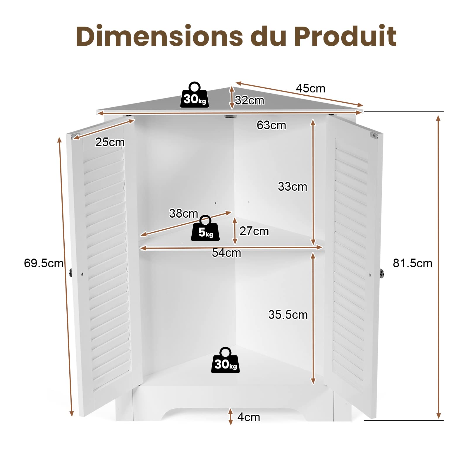 GIANTEX Armadio Ad Angolo Da Bagno 63x32x81 Cm – 2 Ante A Persiana, Ripiano Regolabile, MDF Impermeabile, Per Ingresso, Soggiorno O Bagno