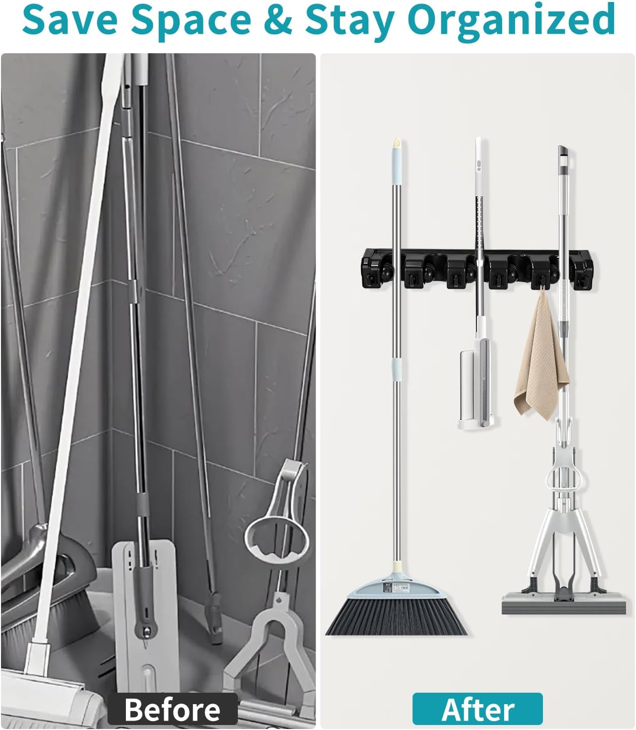 2 Pièces Accroche Balai Mural,Porte-Balais Muraux avec 10 Emplacements et 12 Crochets – Support Mural pour Balais, Outils de Jardin et Garage - 7