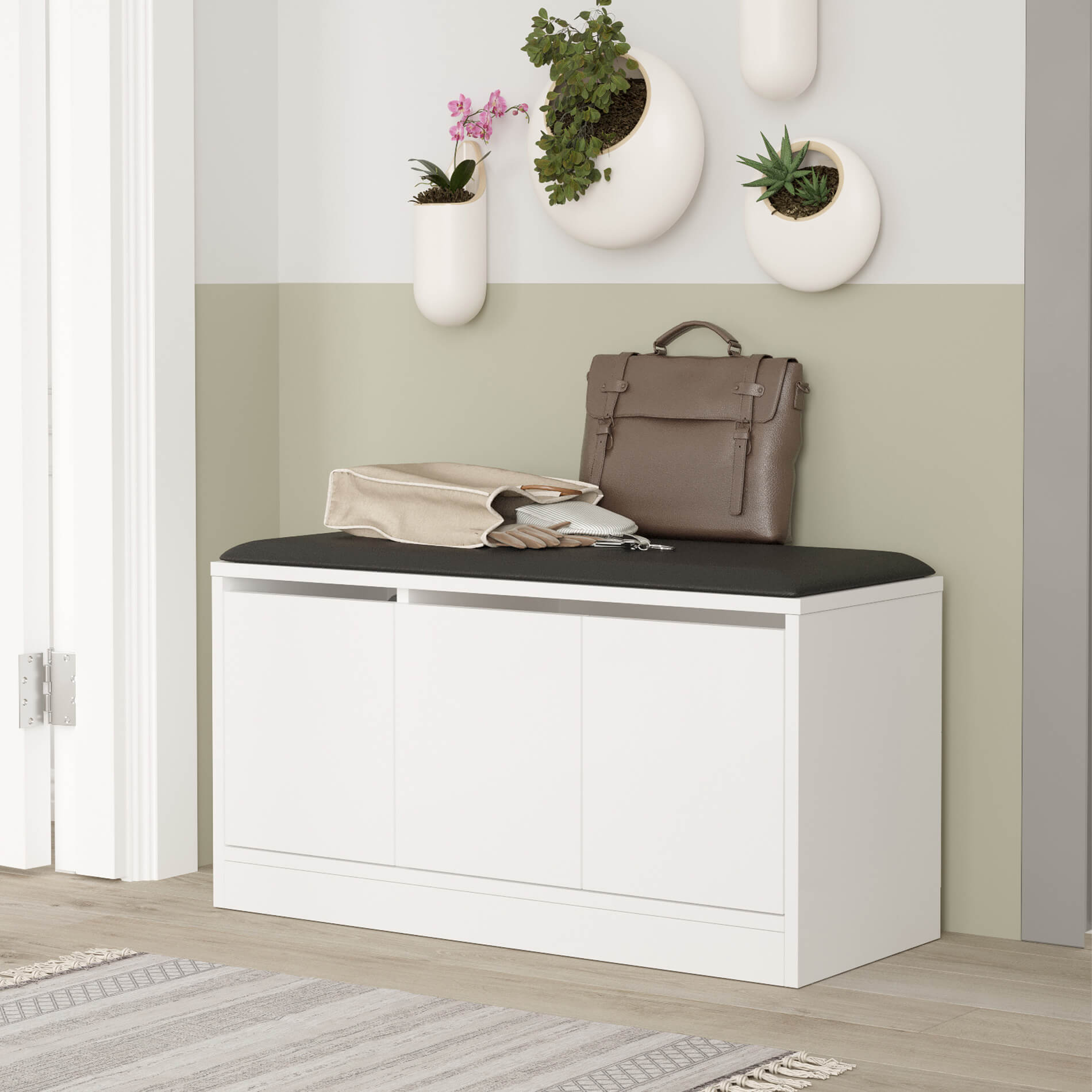 Banc à chaussures Rebecca Mobili Cocos 46x89,5x35,5 Panneau de particules Simili-cuir Blanc Gris Foncé Moderne - 2