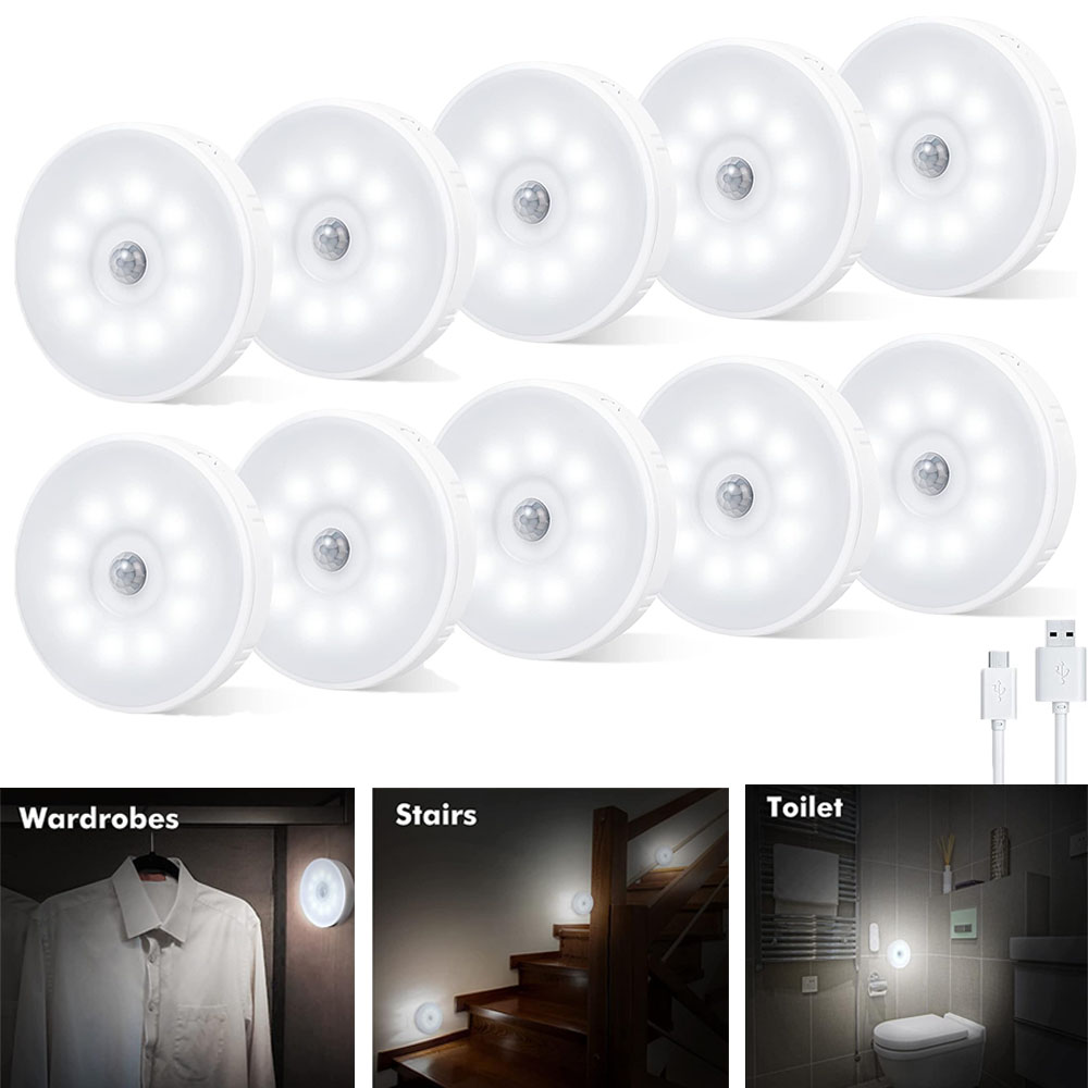 Lámpara de pared led con sensor de movimiento inalámbrico para interior, luz nocturna con sensor de carga usb magnético blanco (10 paquetes)