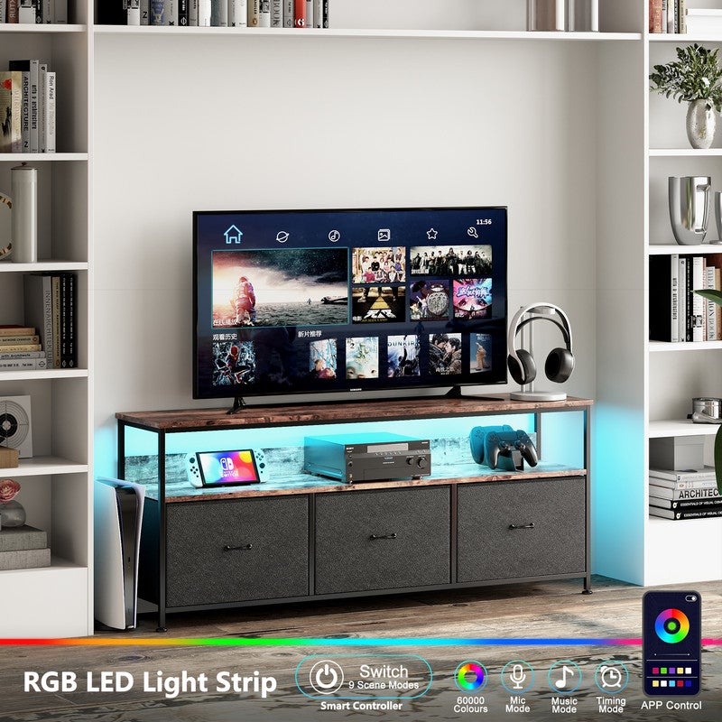 Meuble TV, 108x30x57cm, avec bande lumineuse LED et 3 tiroirs, pieds réglables en hauteur, structure en fer, meuble tele - 6