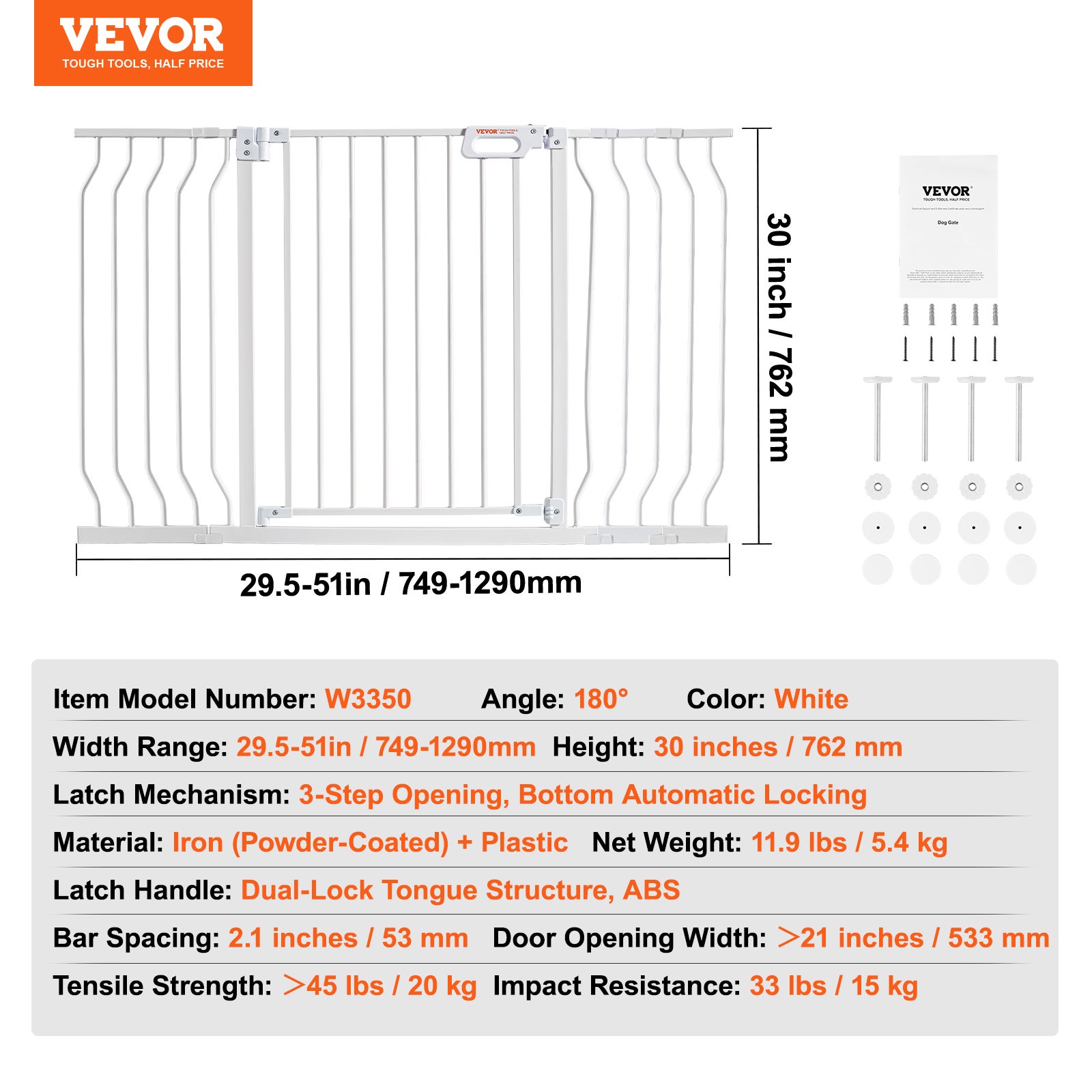 Barriere de Securite Extensible VEVOR 75-135 cm Hauteur 76 cm Barriere deEscalier a Fermeture Automatique sans Percage Grande Ouverture 533 mm a 180° - 7