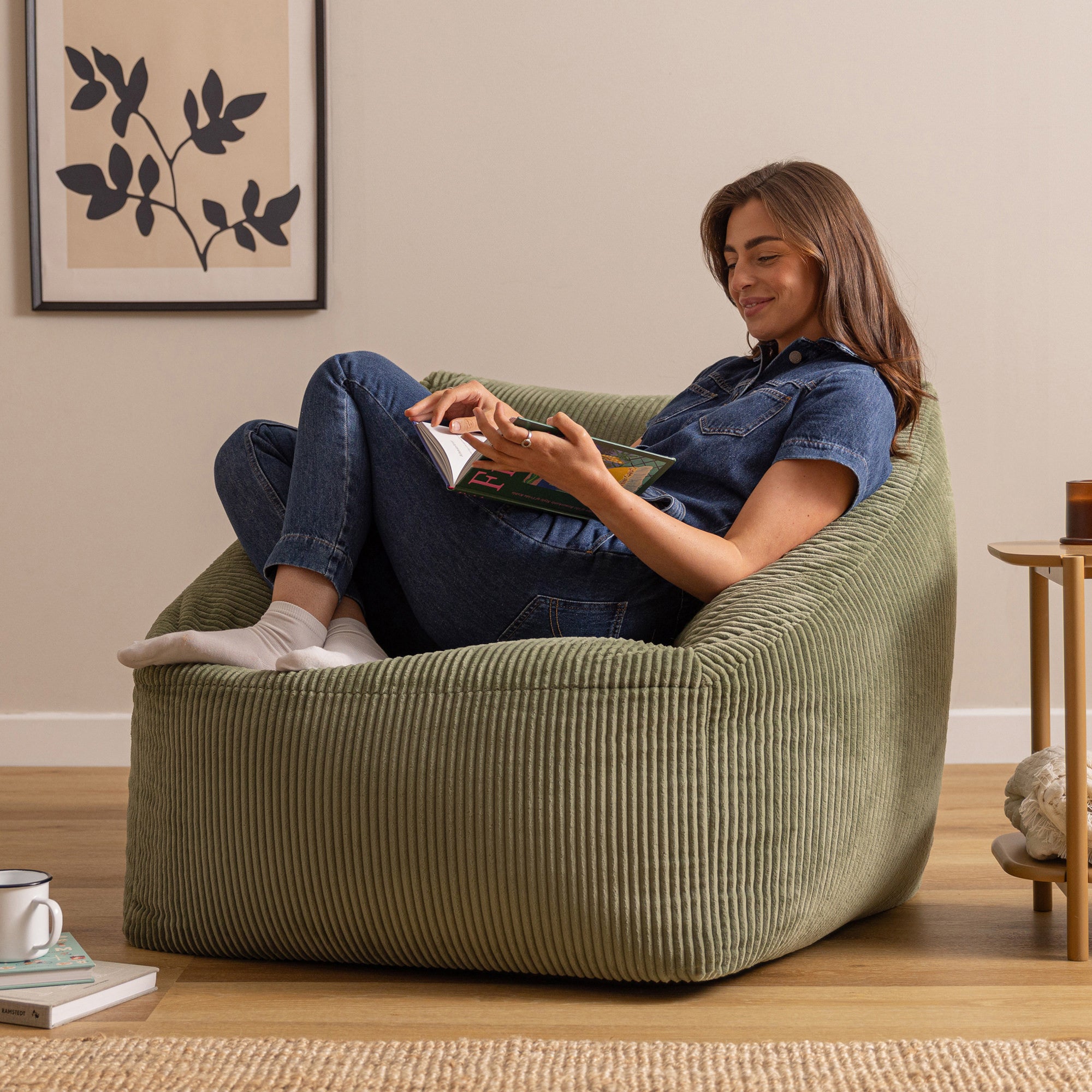 Pouf fauteuil Icon velours côtelé vert sauge, salon, chambre, 97x84cm Oeko-Tex® - 3